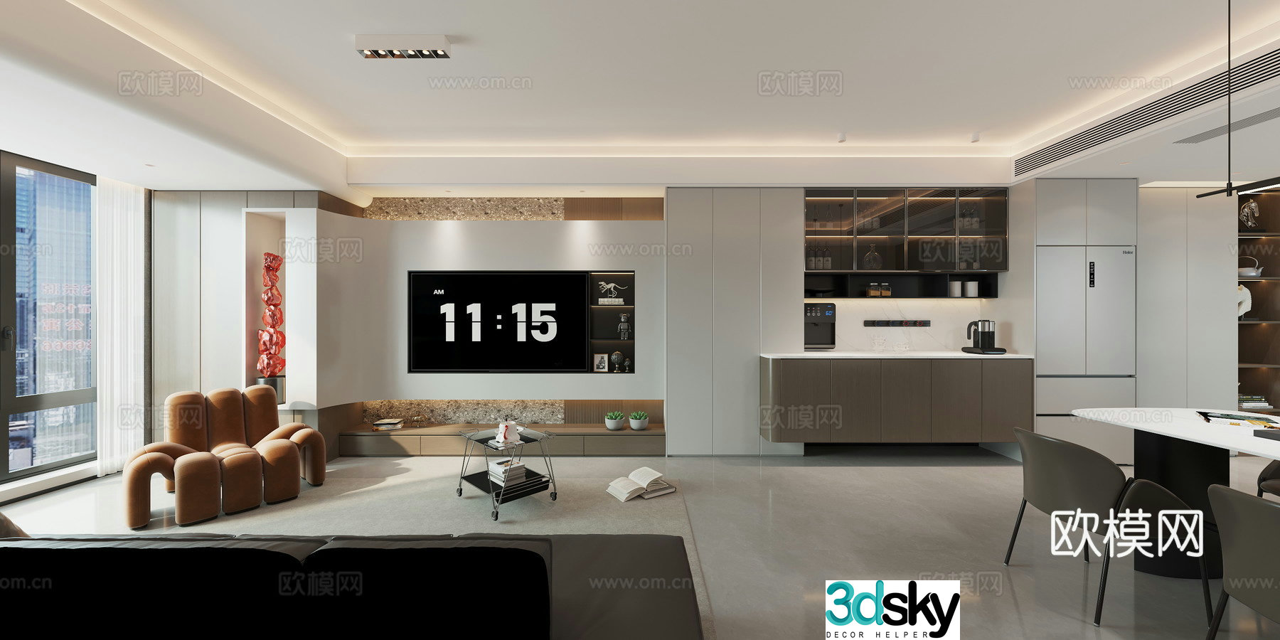 Modern minimalist living and dining room 3d model