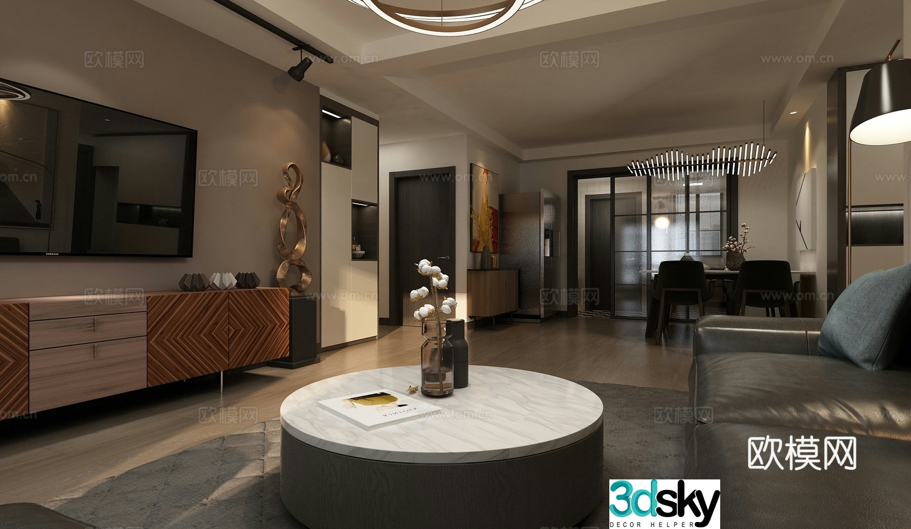 Modern simple black white and gray living and dining room kitchen bathroom dry area full 3D model