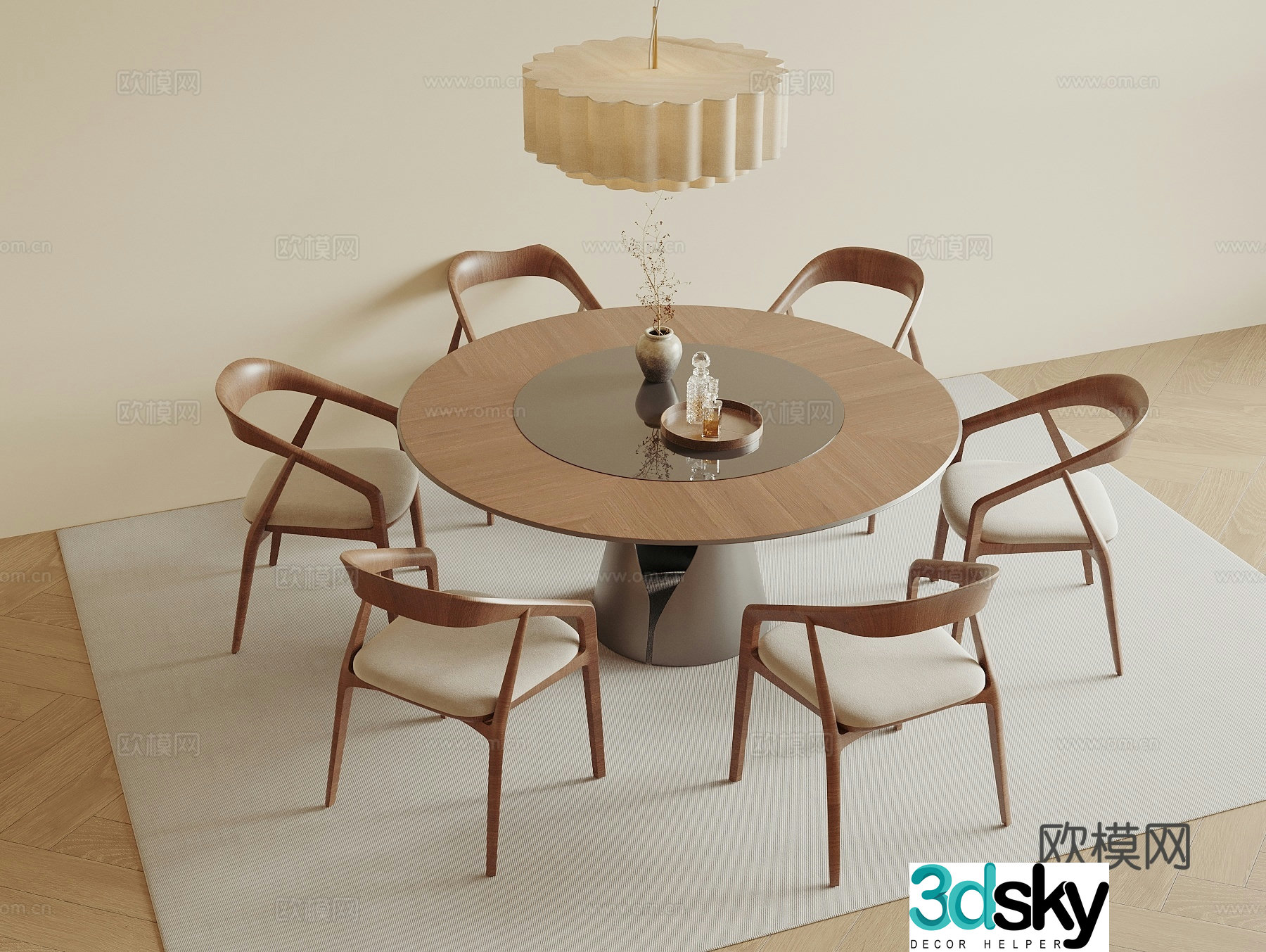 Song style new Chinese style round dining table and chairs Restaurant chandeliers 3D model