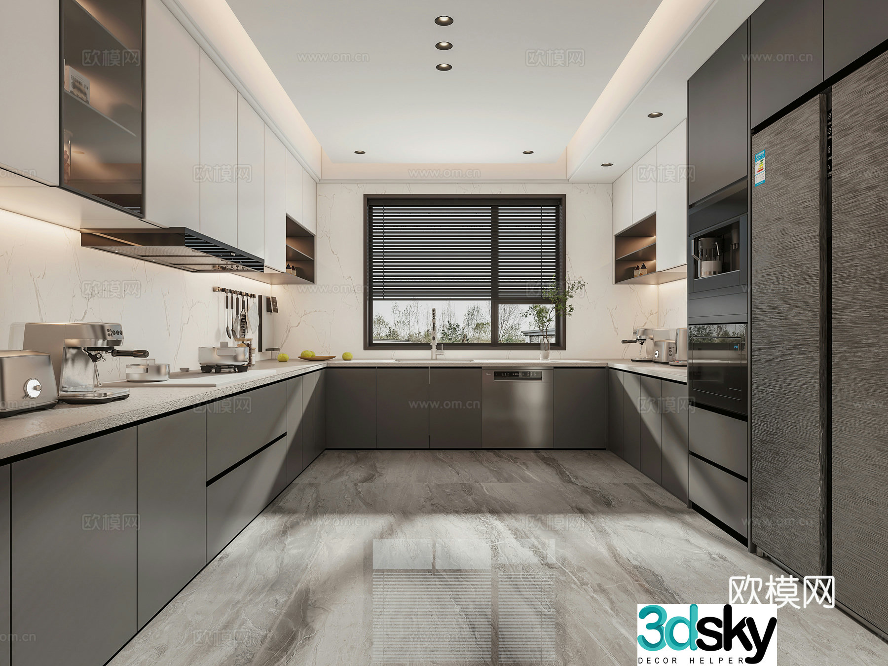 Modern minimalist enclosed home kitchen 3d model