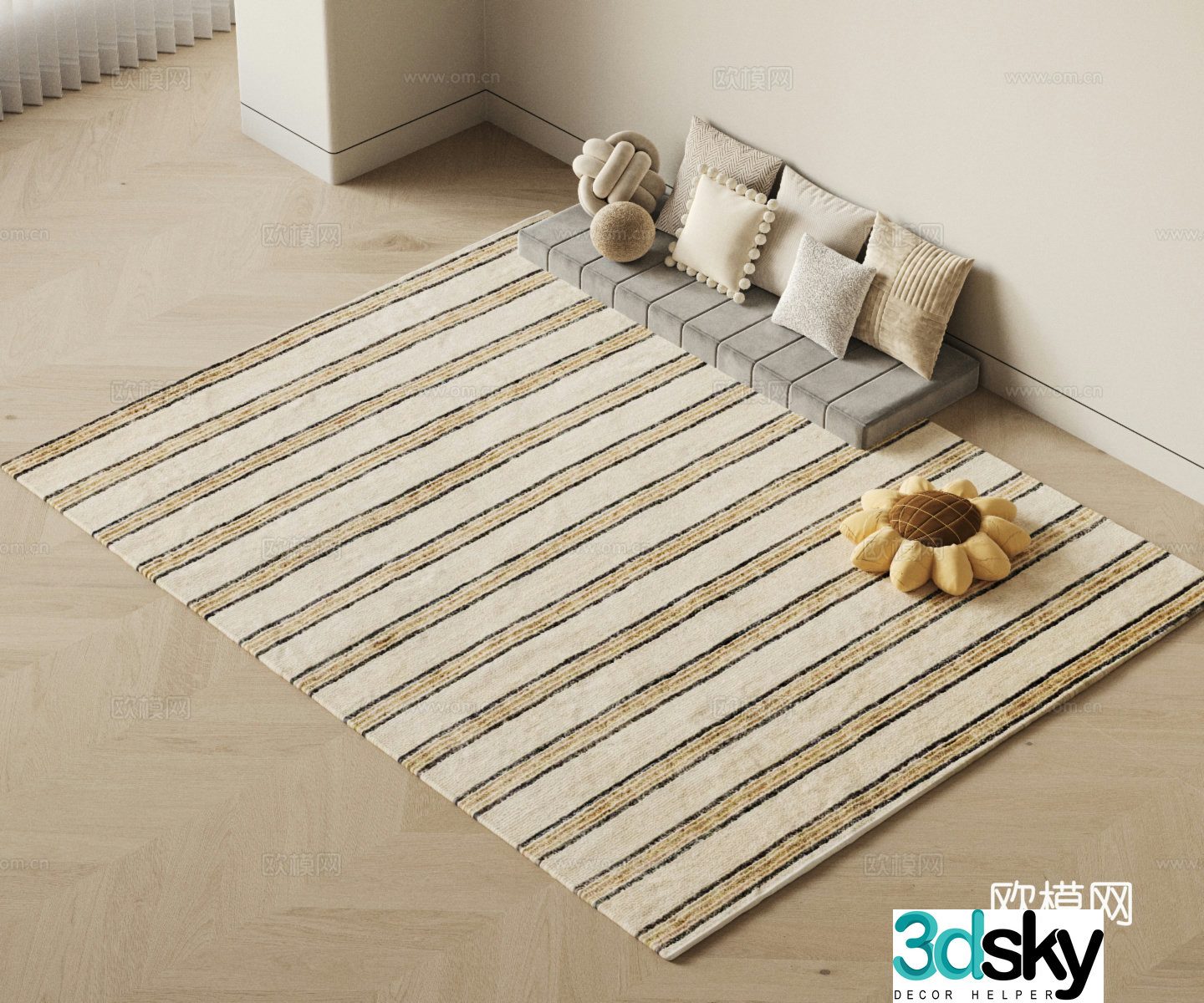 Modern Creamy Carpet Rectangular Carpet Striped Carpet Pillow Cushion 3D Model