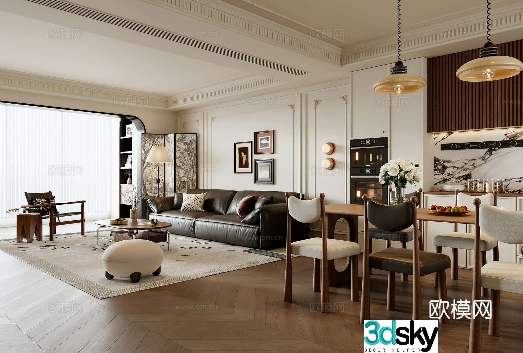 French living and dining room 3d model