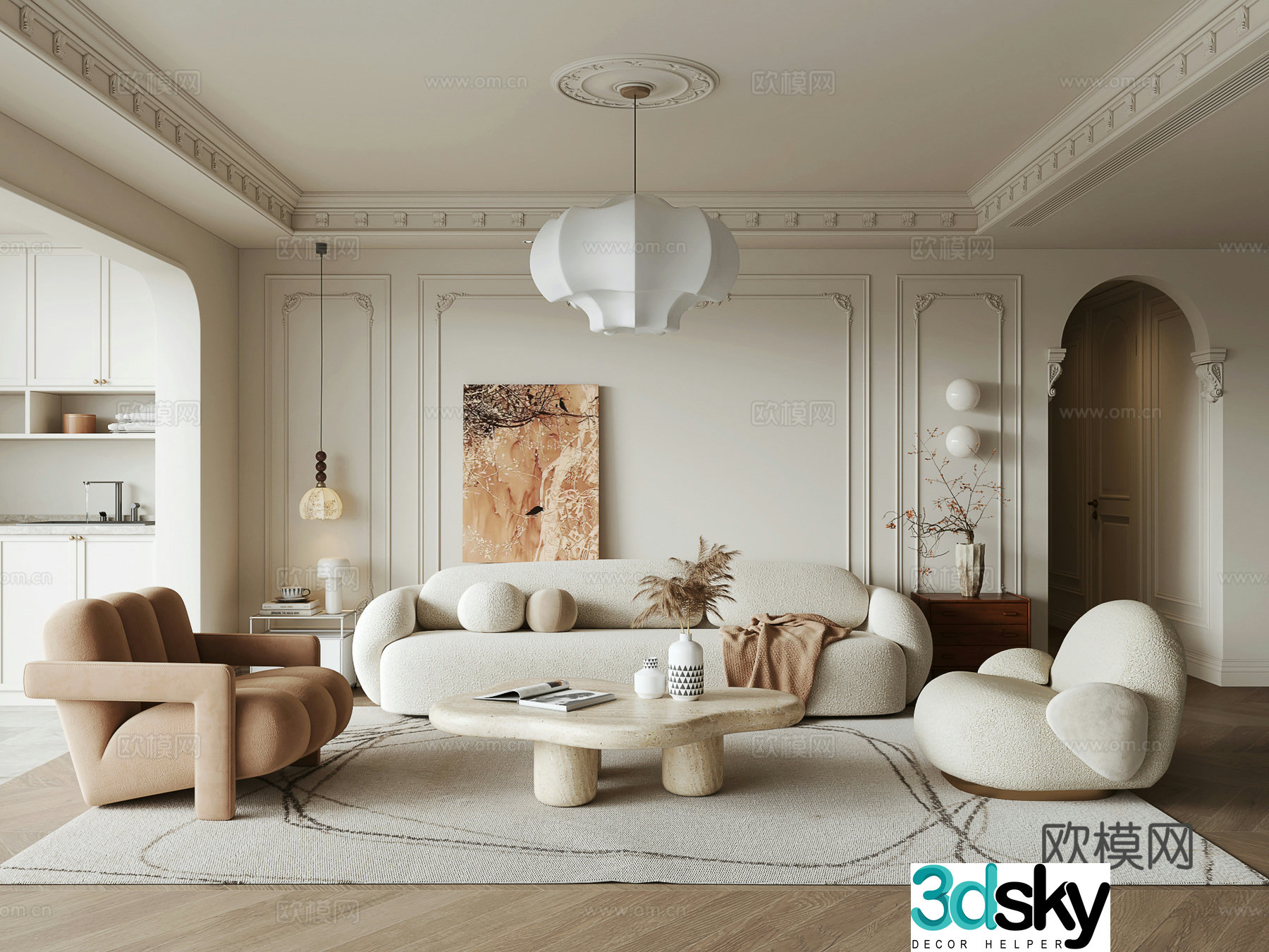 French Creamy Living Room 3D Model