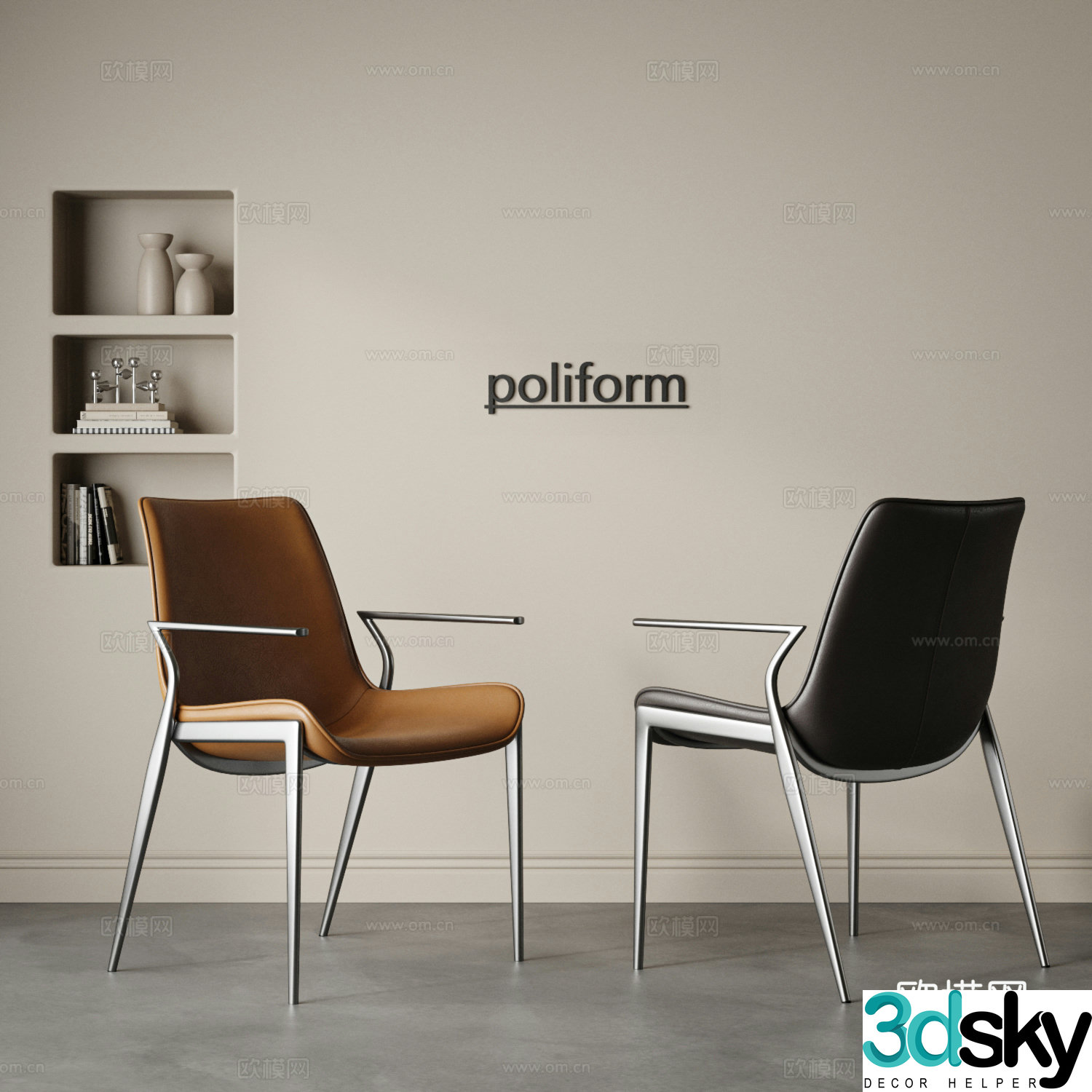 Medium style dining chair combination single chair leisure chair armchair leather chair stainless steel chair Italian 3D model