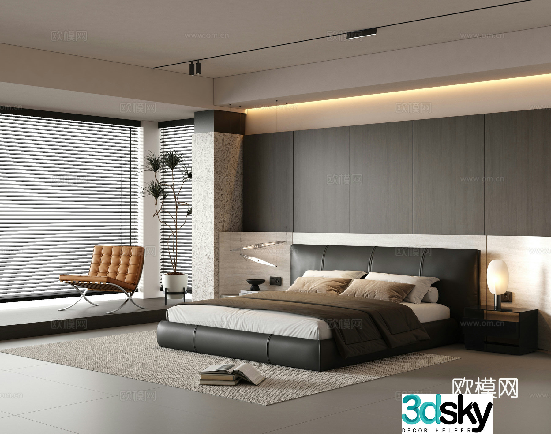 Italian minimalist bedroom black and white bedroom bay window bedroom master bedroom 3D model