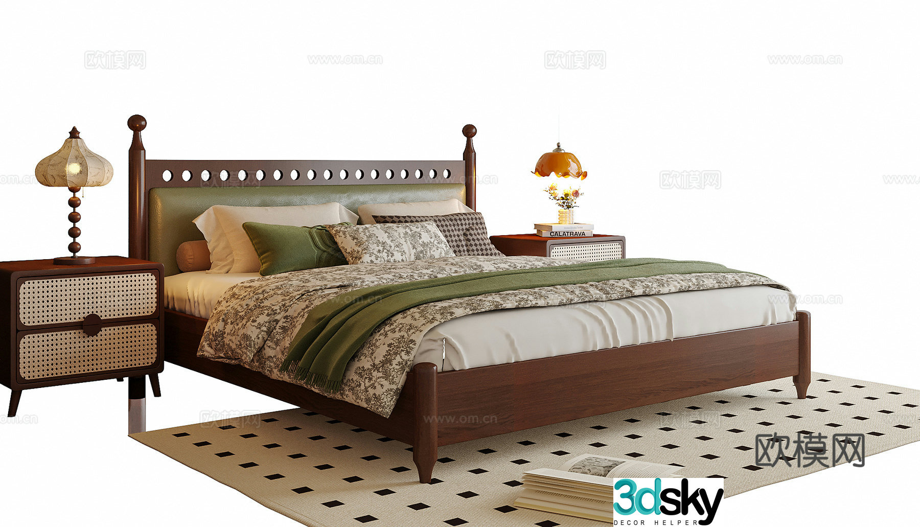 French double bed nightstand 3d model