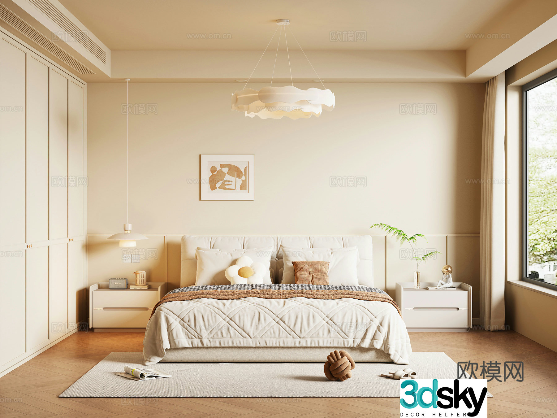 Modern creamy bedroom 3d model