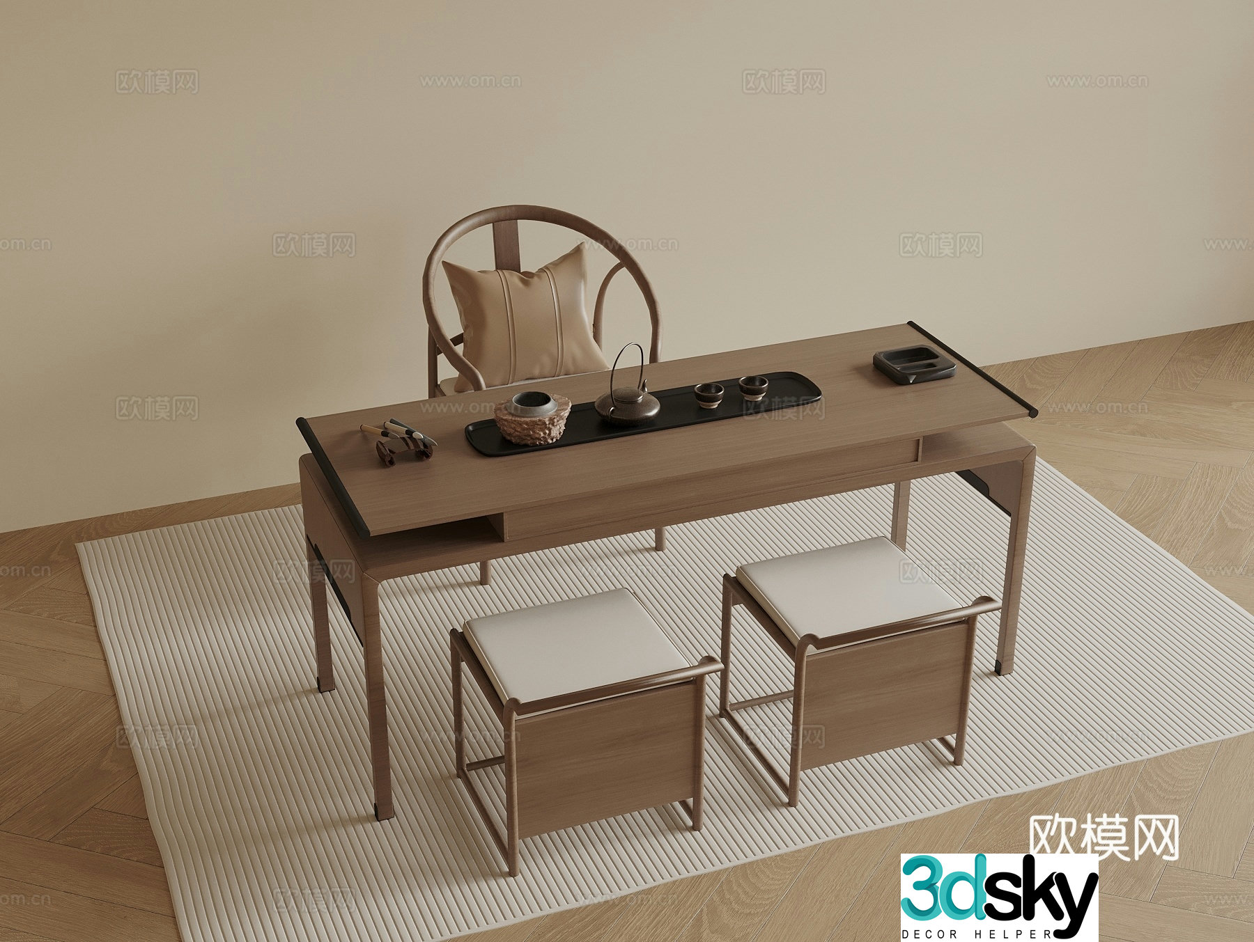 New Chinese-style tea table and chairs Small tea table 3D model