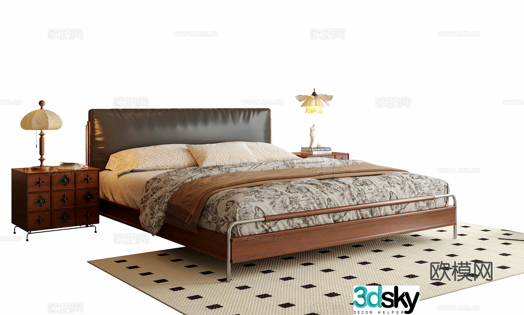 French double bed nightstand 3d model