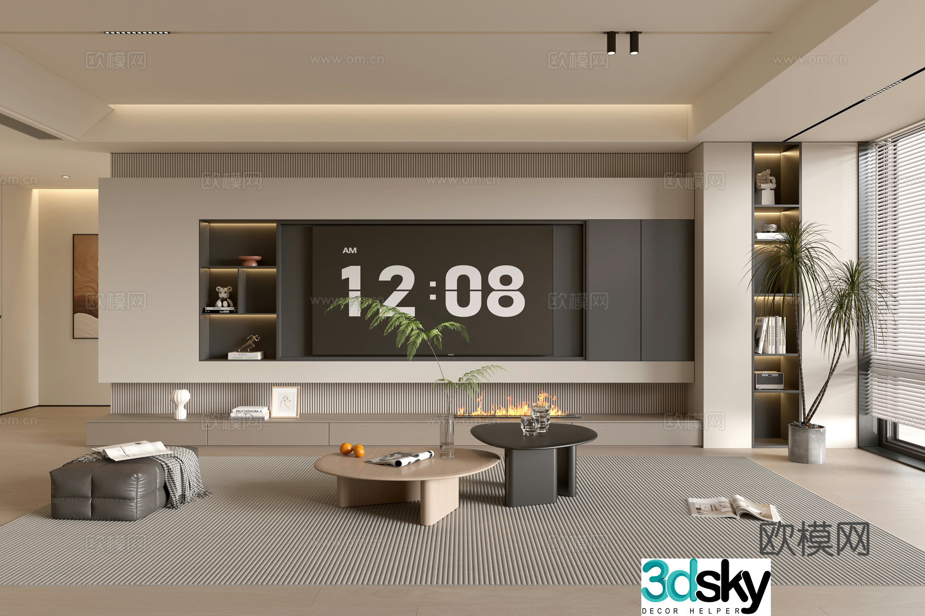 Modern simple living room balcony cabinet sofa combination coffee table TV background wall 3d model