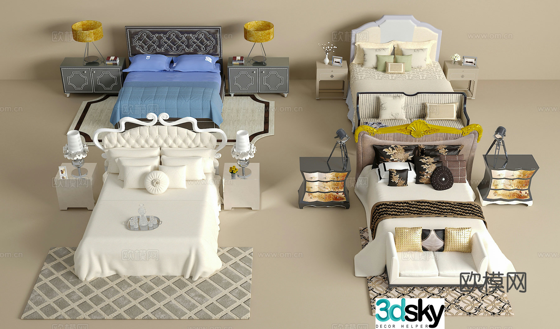 Double bed combination bedside table jewelry ornaments desk lamp carpet pillow 3D model
