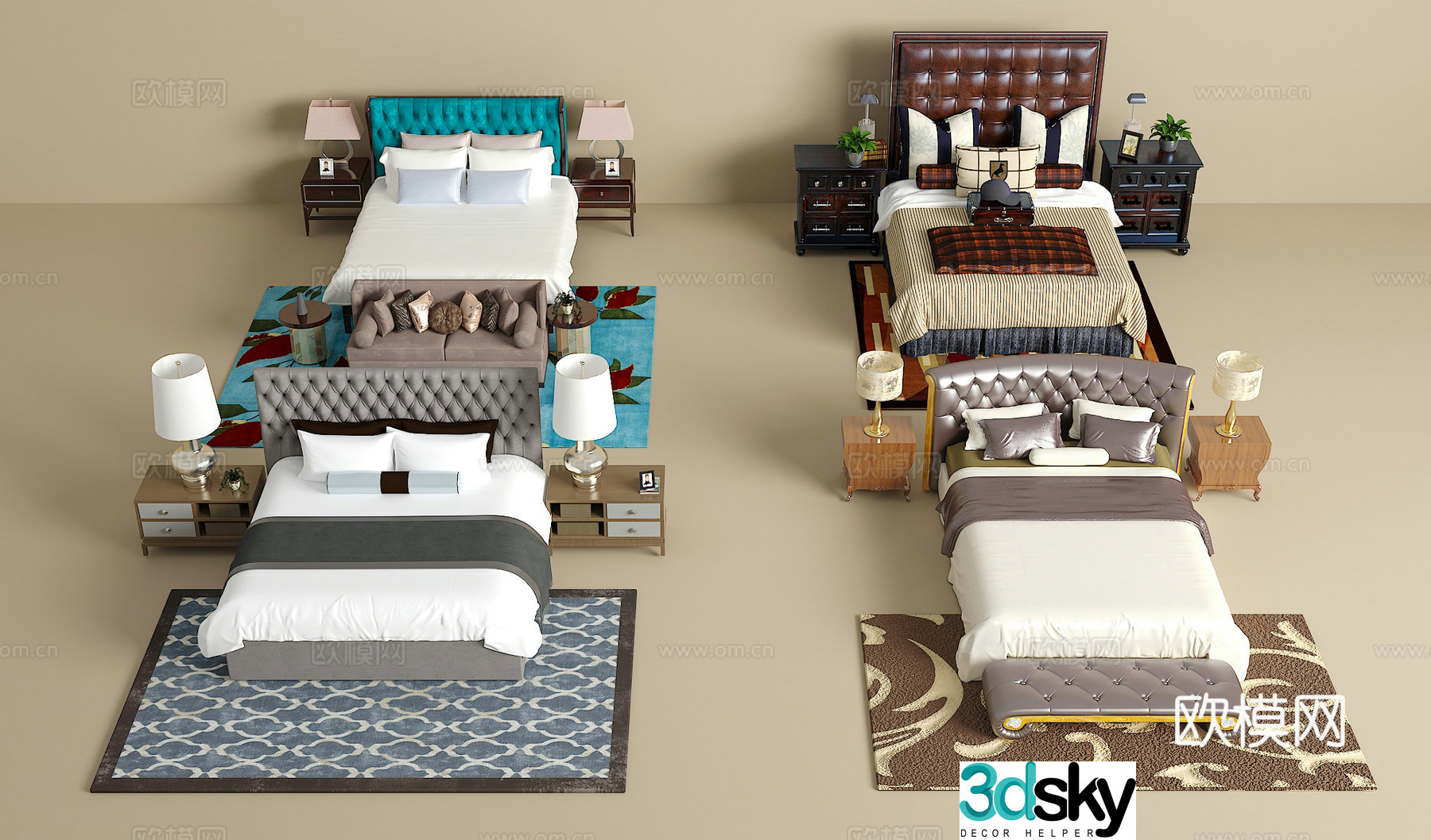 Double bed combination bedside table jewelry ornaments desk lamp carpet pillow 3D model