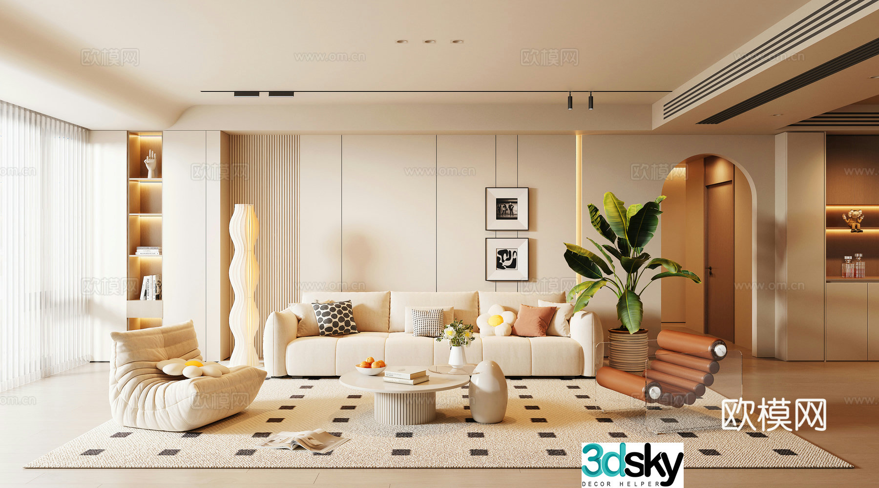 Modern Creamy Living Room 3D Model