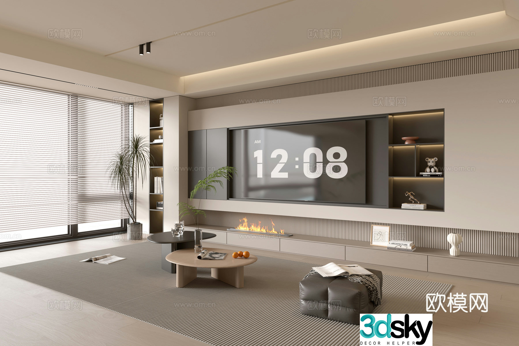 Modern simple living room balcony cabinet sofa combination coffee table TV background wall 3d model