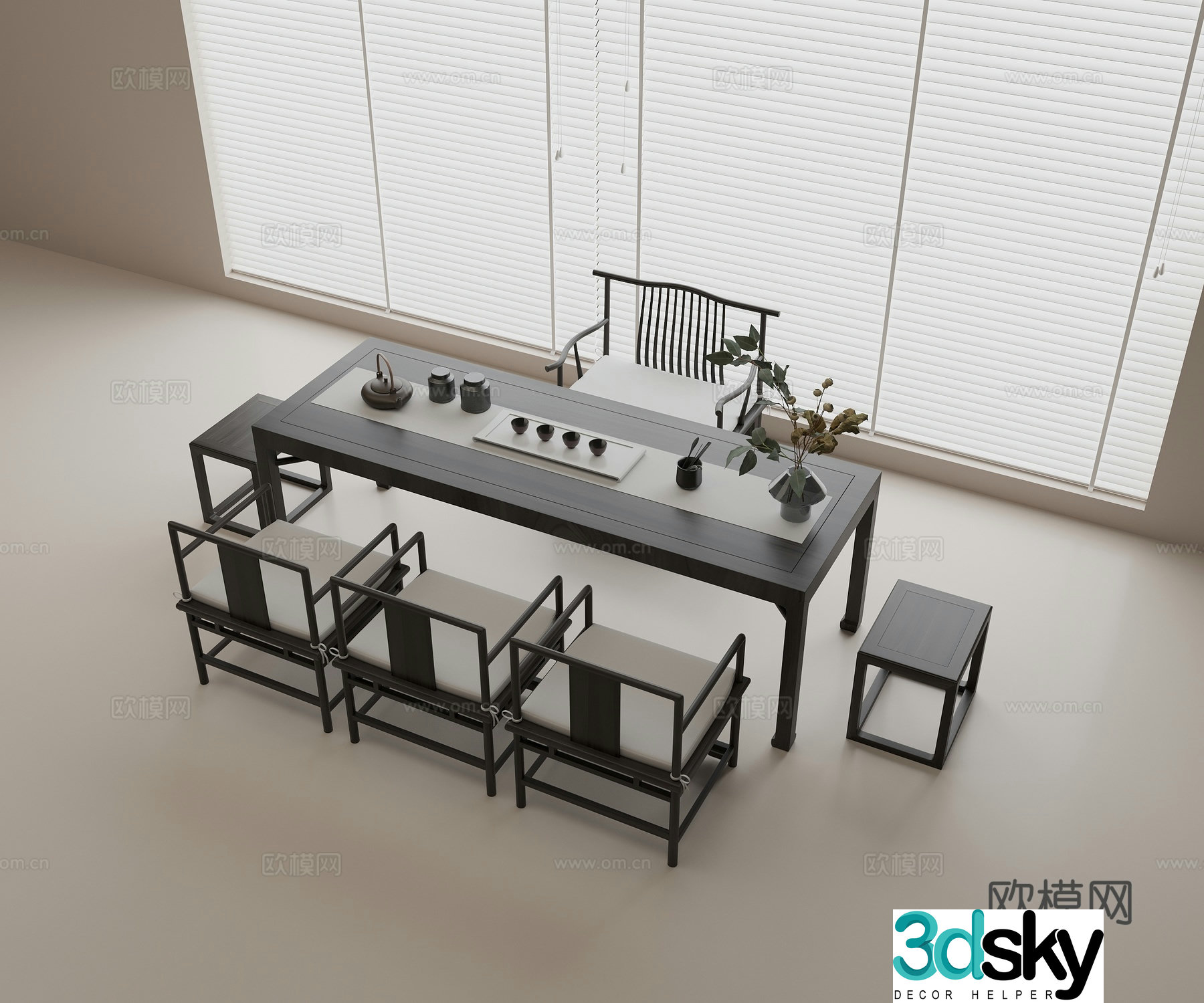 New Chinese tea table and chair combination Solid wood tea table Solid wood single chair Solid wood square stool Tea set combination Tea 3D model