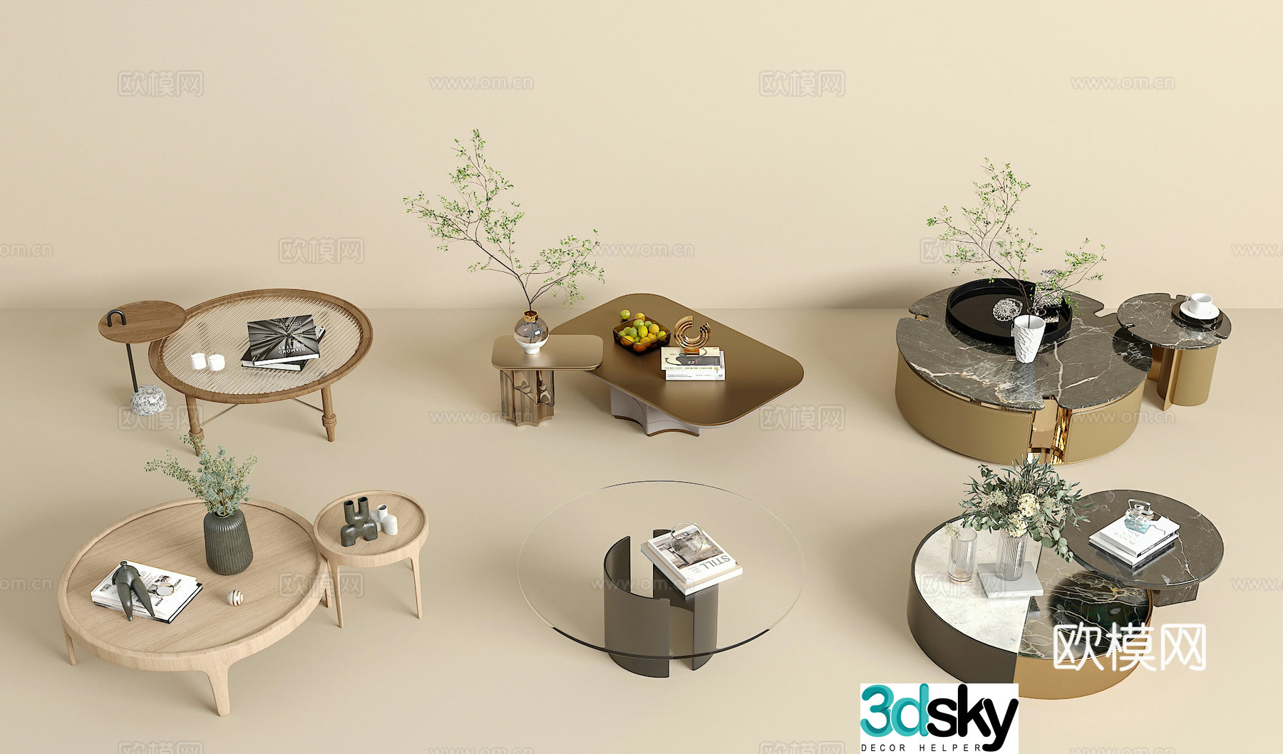 Coffee table combination green plants jewelry ornaments book 3d model