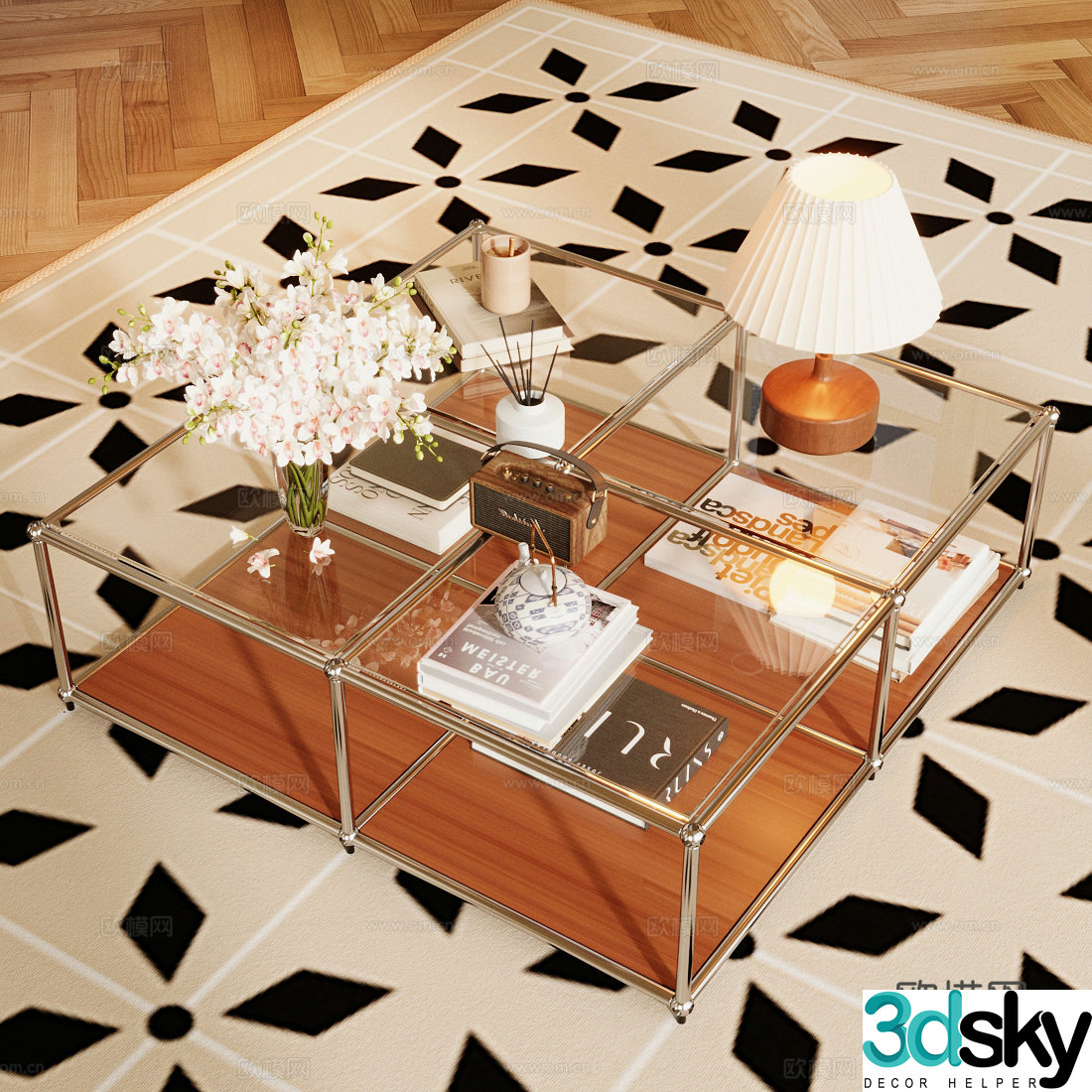 Middle-aged tea table glass tea table square tea table retro style tea table tea table floral ornaments coffee table 3D model