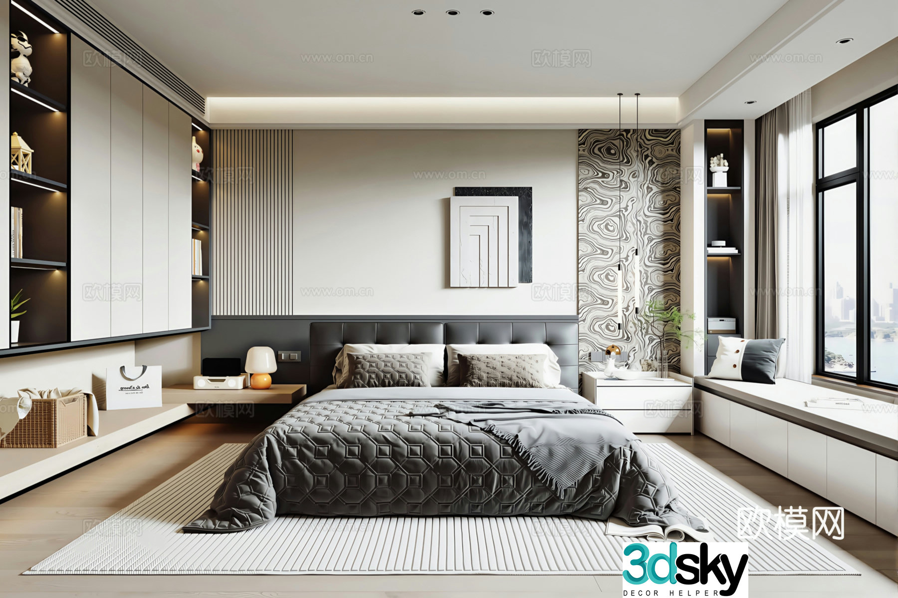Modern Italian black and white gray bedroom black double bed wardrobe bedside table decoration painting 3d model