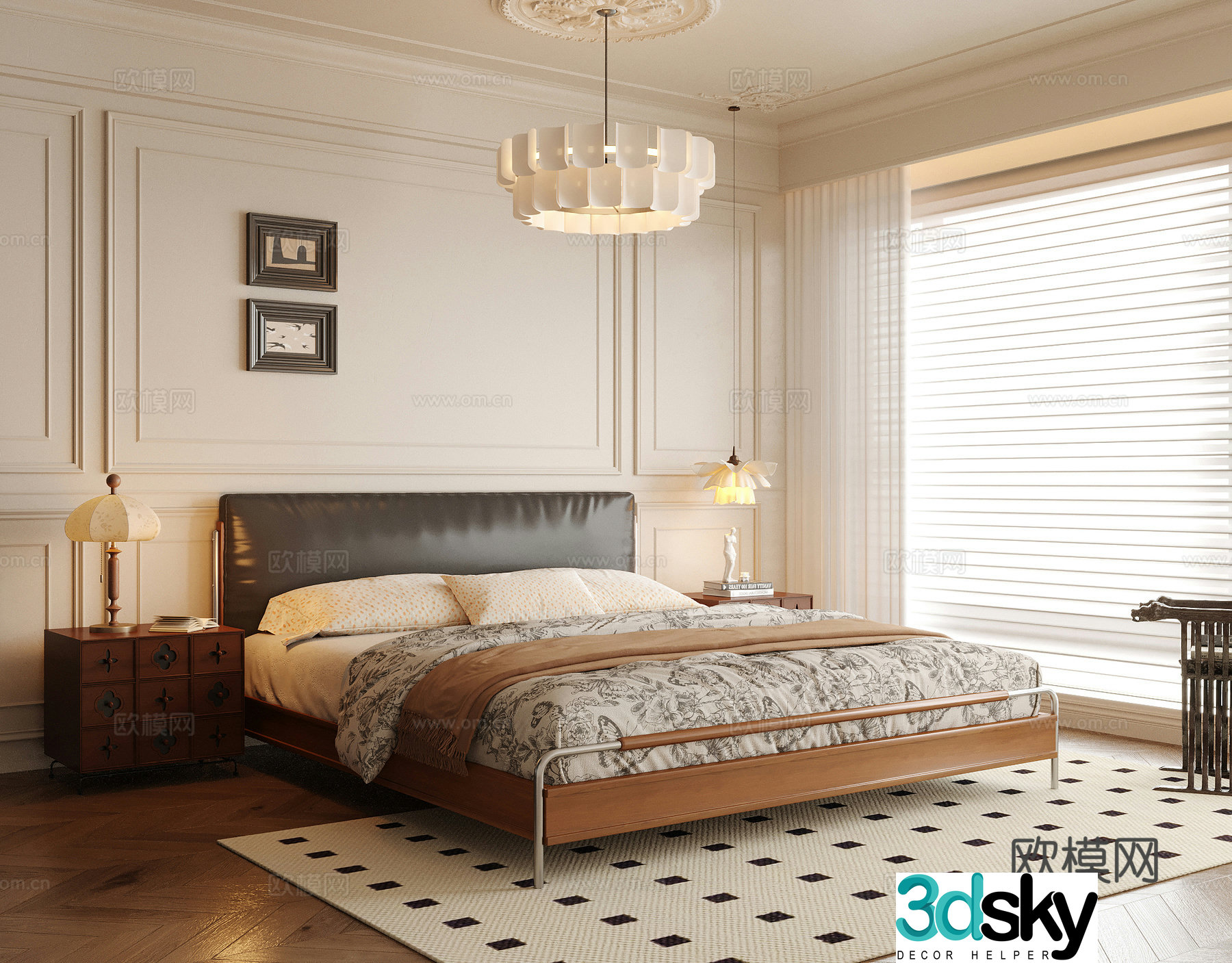 French bedroom bedroom chandeliers double bed nightstand 3d model