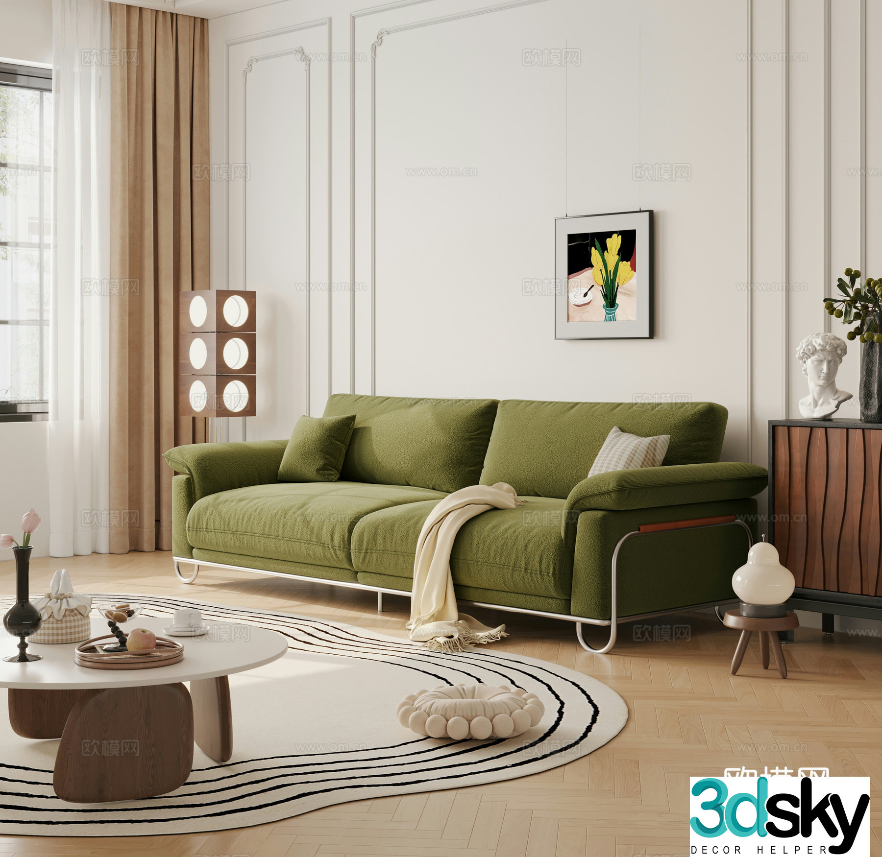 Medium retro three-person sofa cloud sofa straight sofa casual sofa polifo3d model