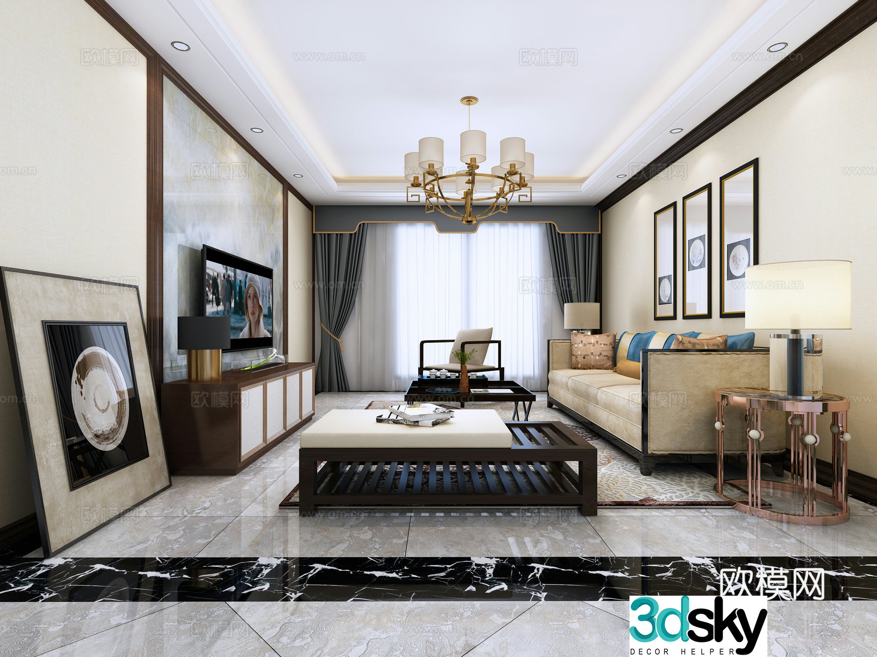 New Chinese style living room sofa chandelier 3d model