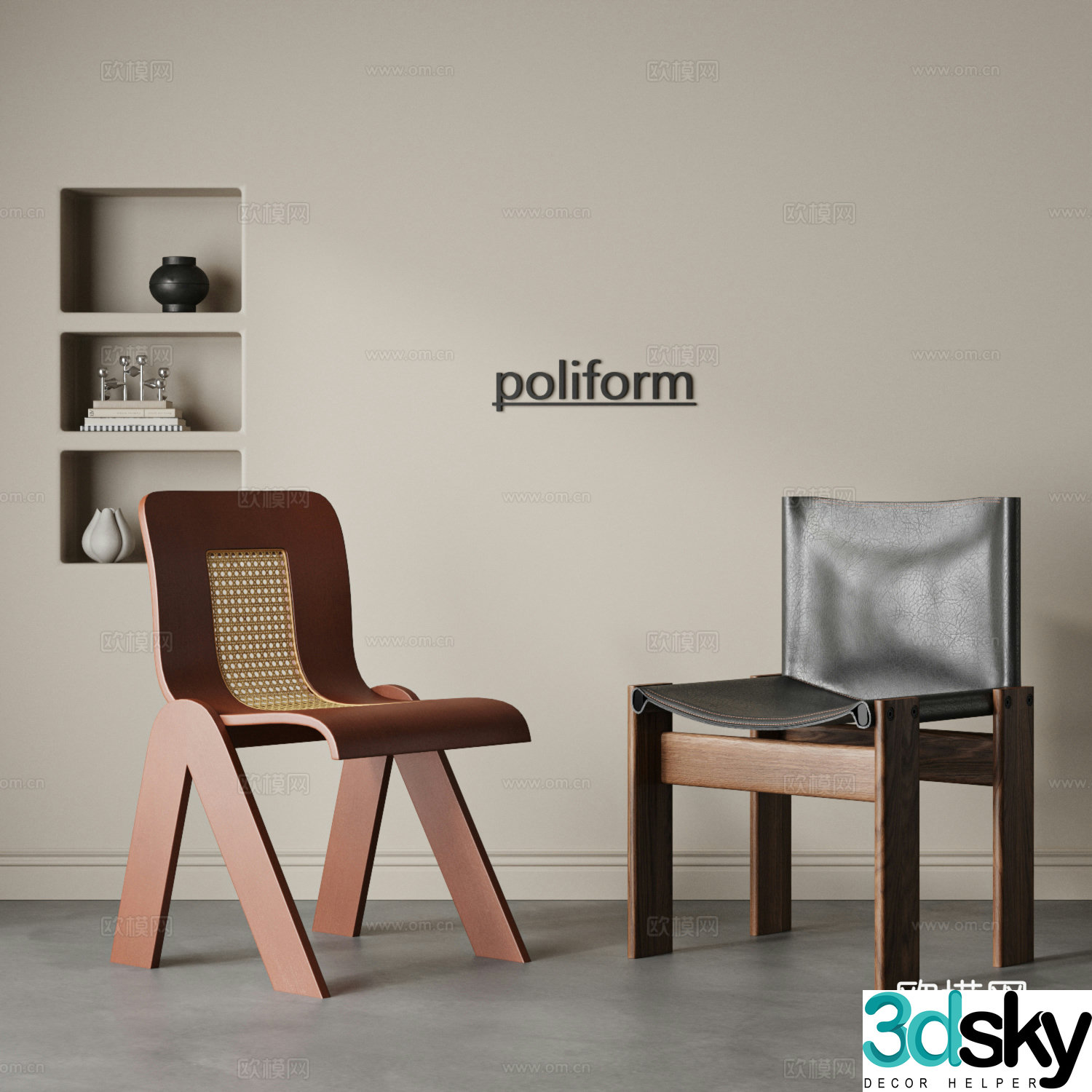Medium style dining chair combination single chair leisure chair wooden chair leather chair wasaki style retro 3d model