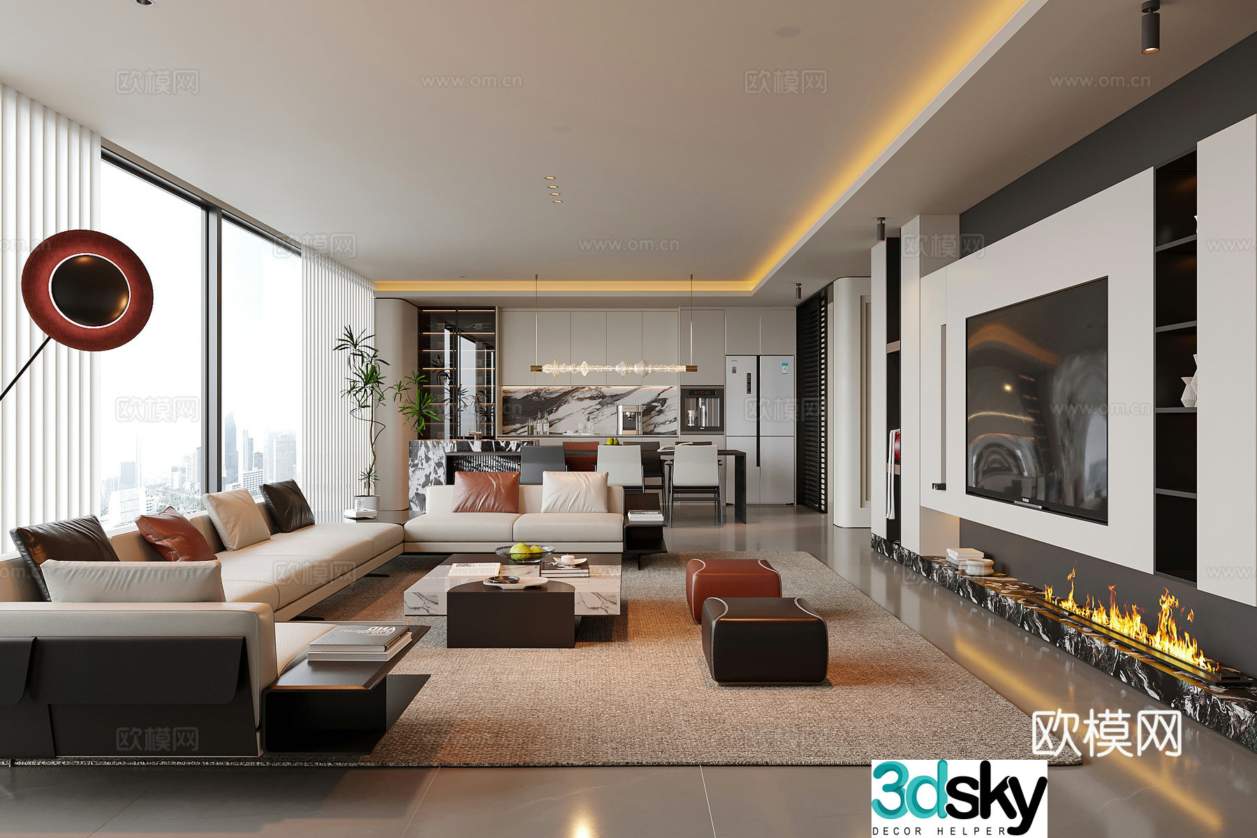Modern living and dining room living room sofa coffee table combination TV background wall 3D model