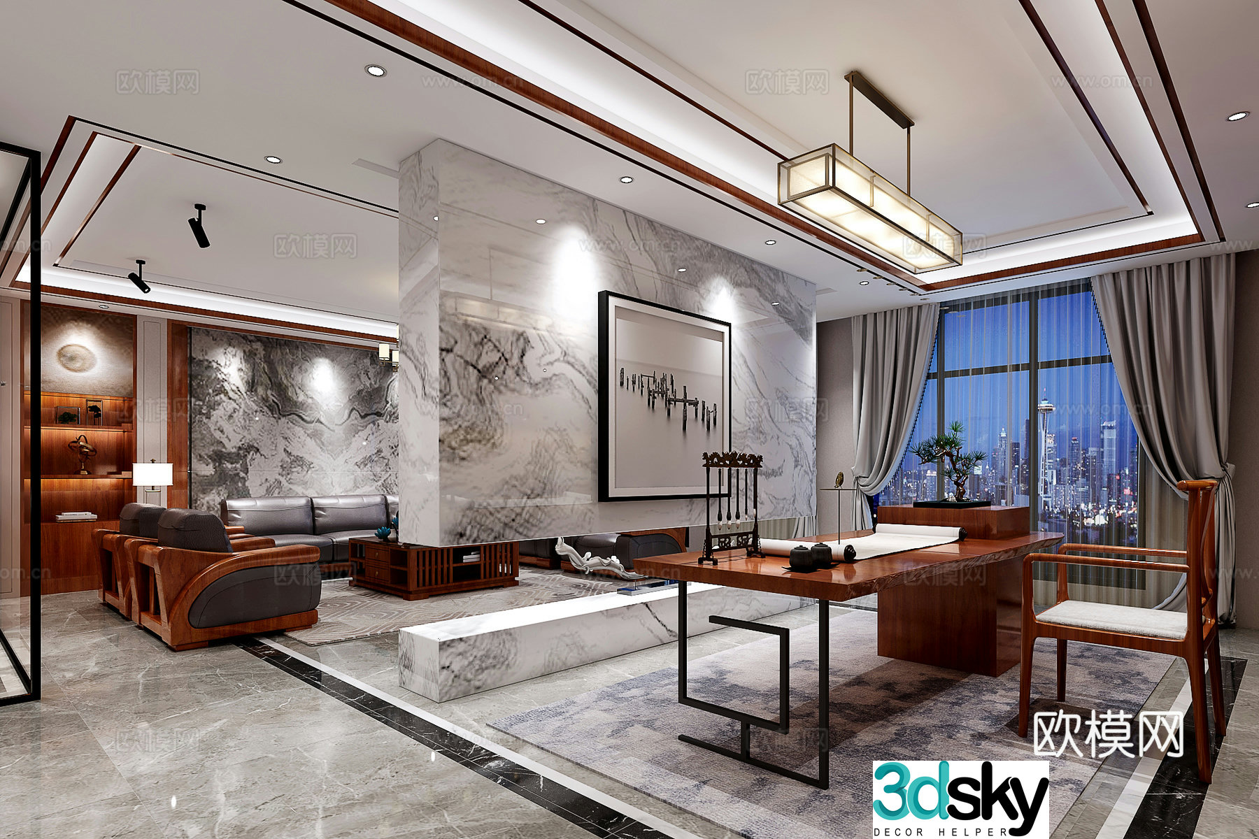 Chinese style living room sofa background wall ceiling study chandelier 3d model