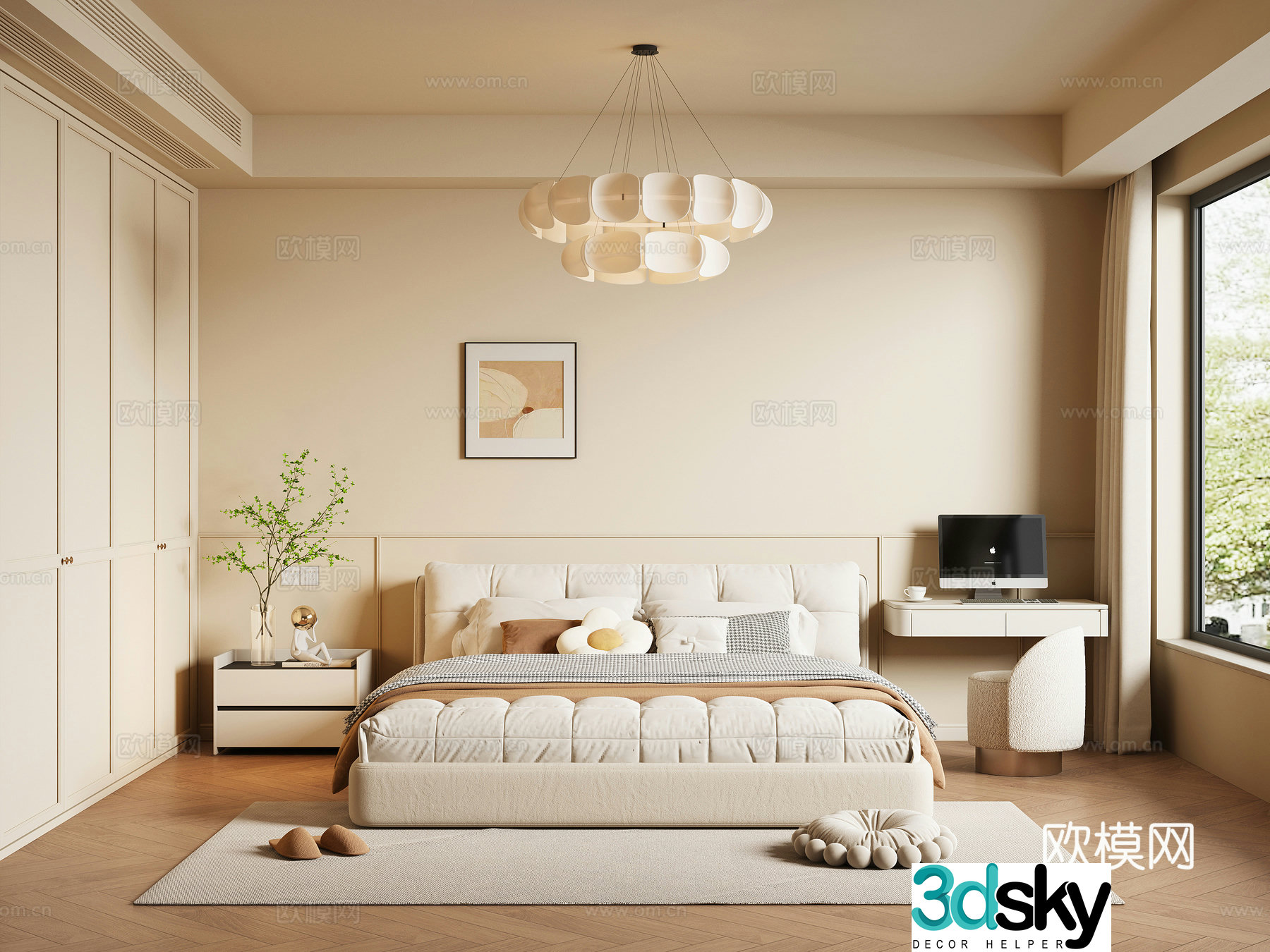 Modern creamy bedroom 3d model