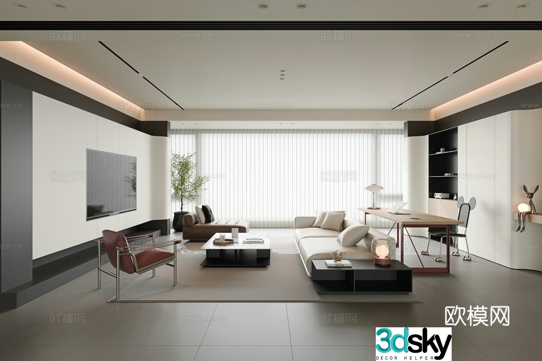 Modern minimalist living room large flat living room horizontal hall sofa and coffee table combination single casual chair 3D model