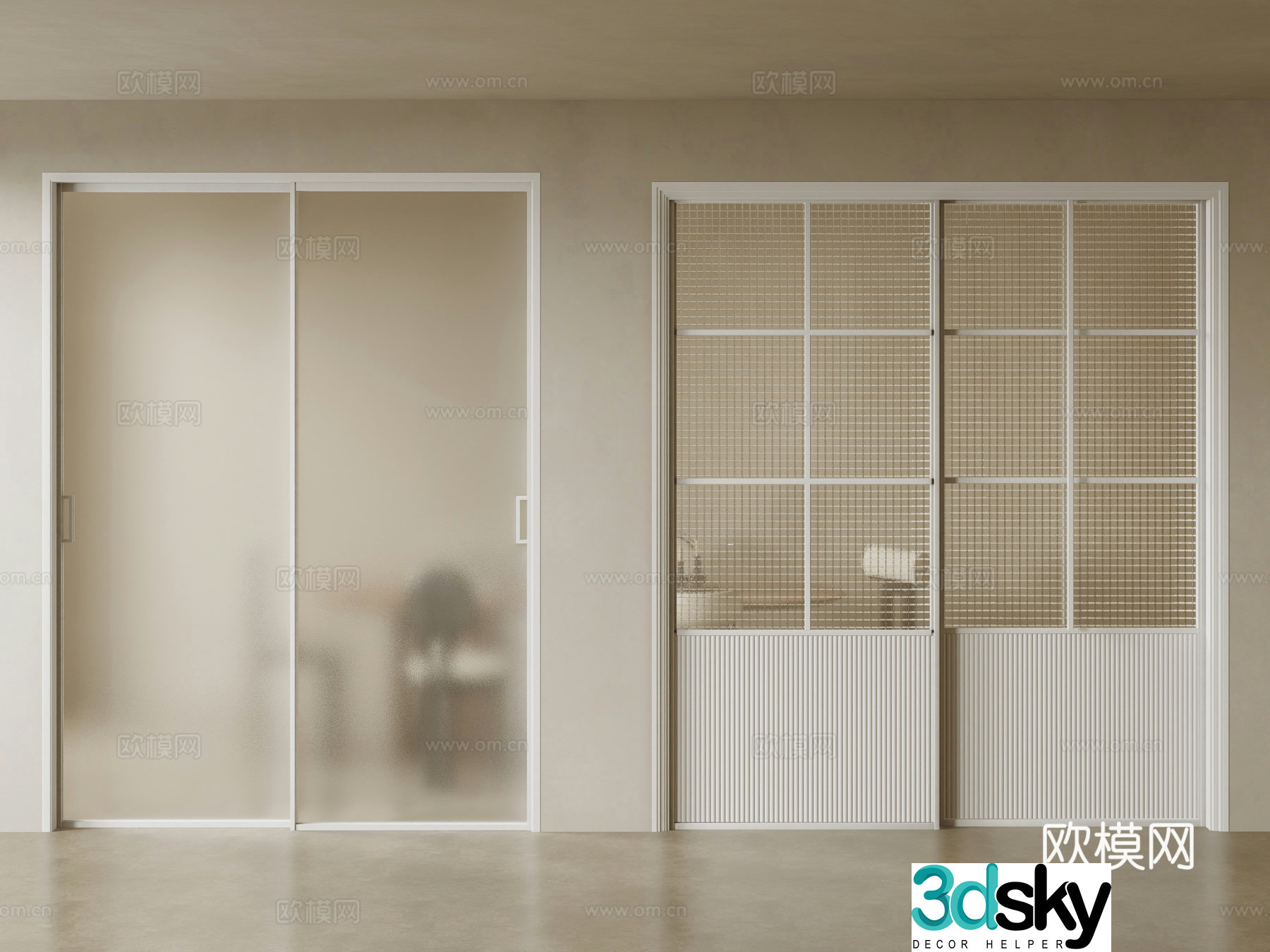 Modern Cream Sliding Door Glass Sliding Door 3D Model
