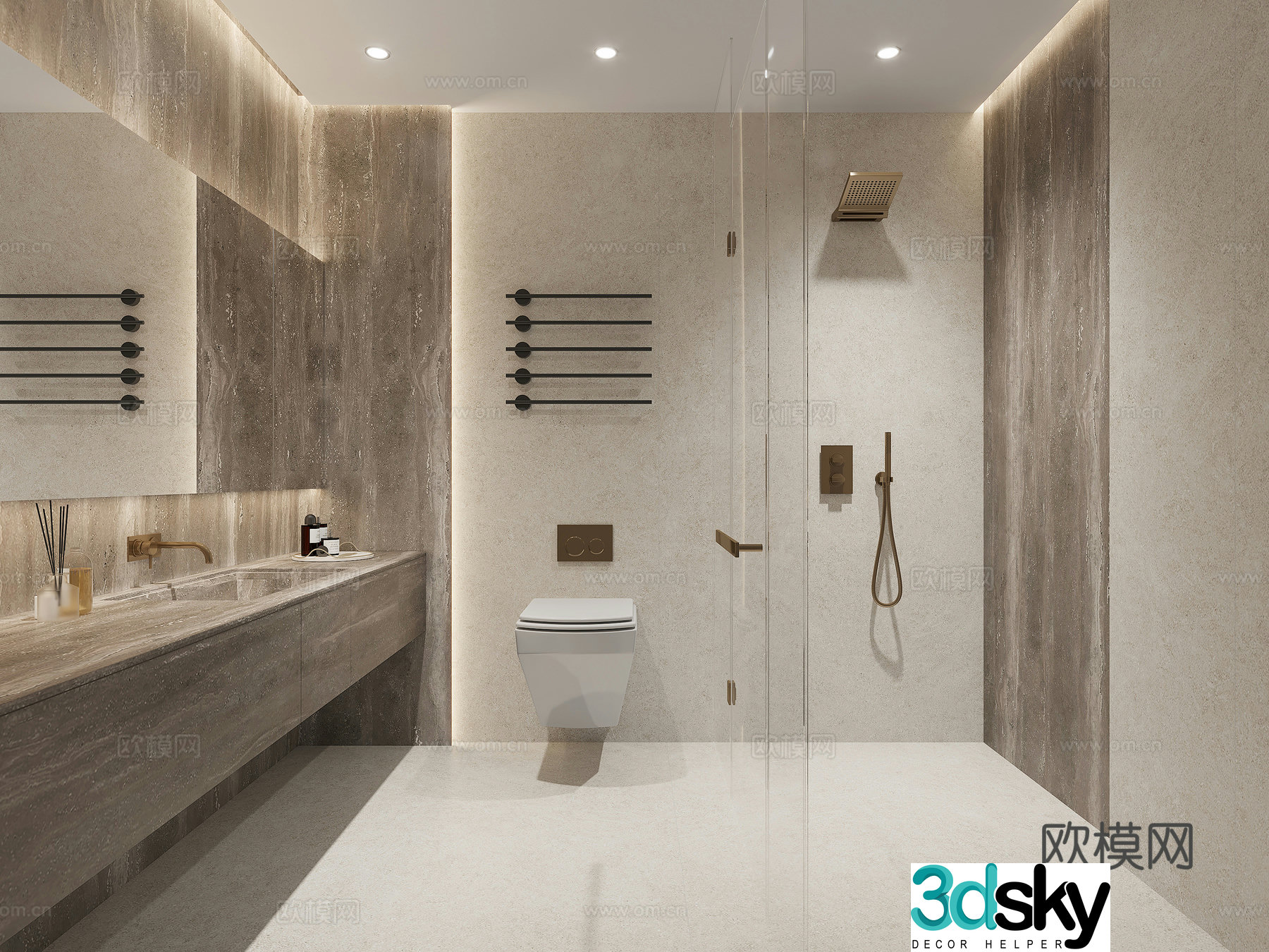 Modern light luxury bathroom dry and wet bathroom 3D model