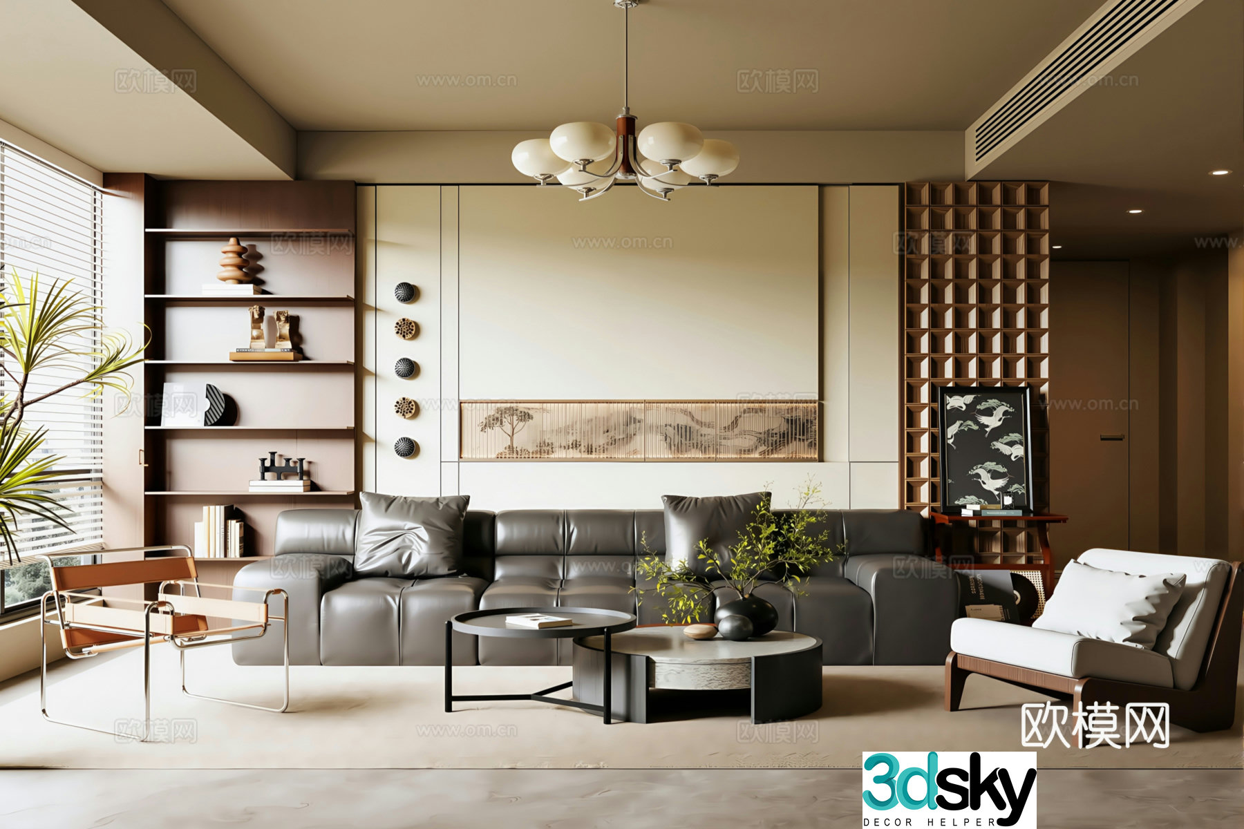 Wasabi Middle Style Living Room Sofa Background Wall Sofa Coffee Table Combination Chandelier 3D Model
