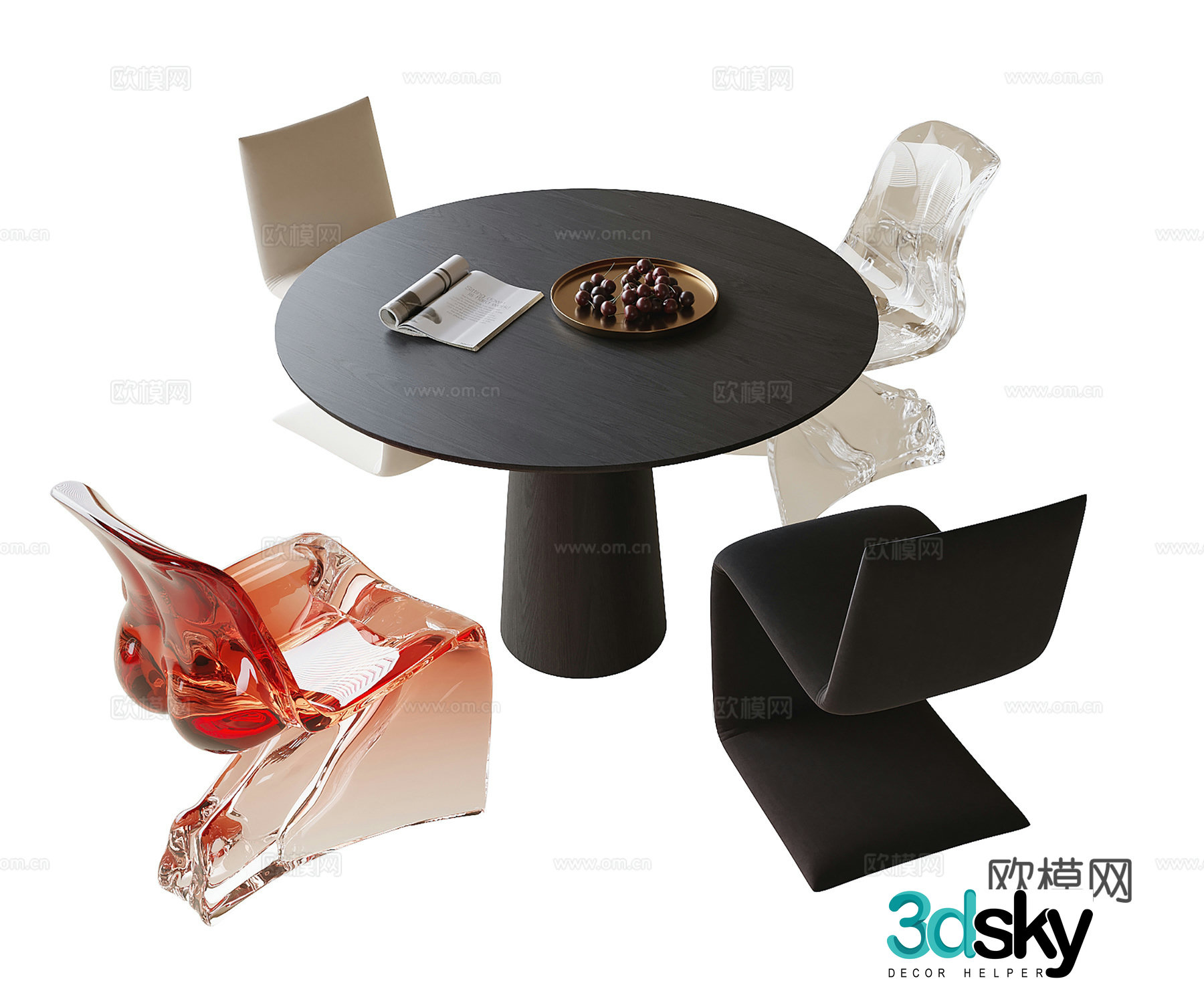 Modern dining table and chairs Round dining table Acrylic dining chair Single chair 3d model