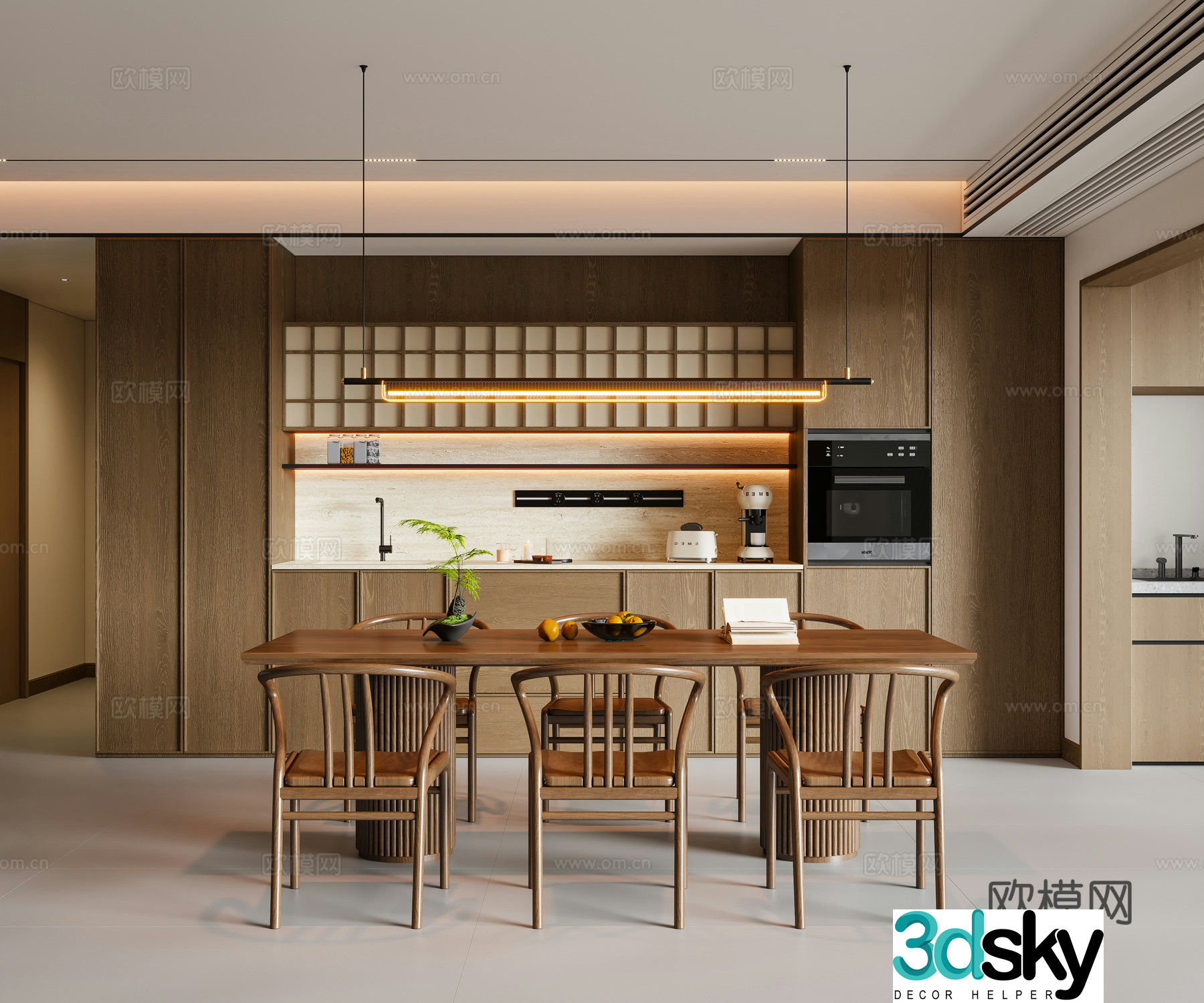 New Chinese Song style restaurant dining table and chair chandeliers sideboard wine cabinet 3D model