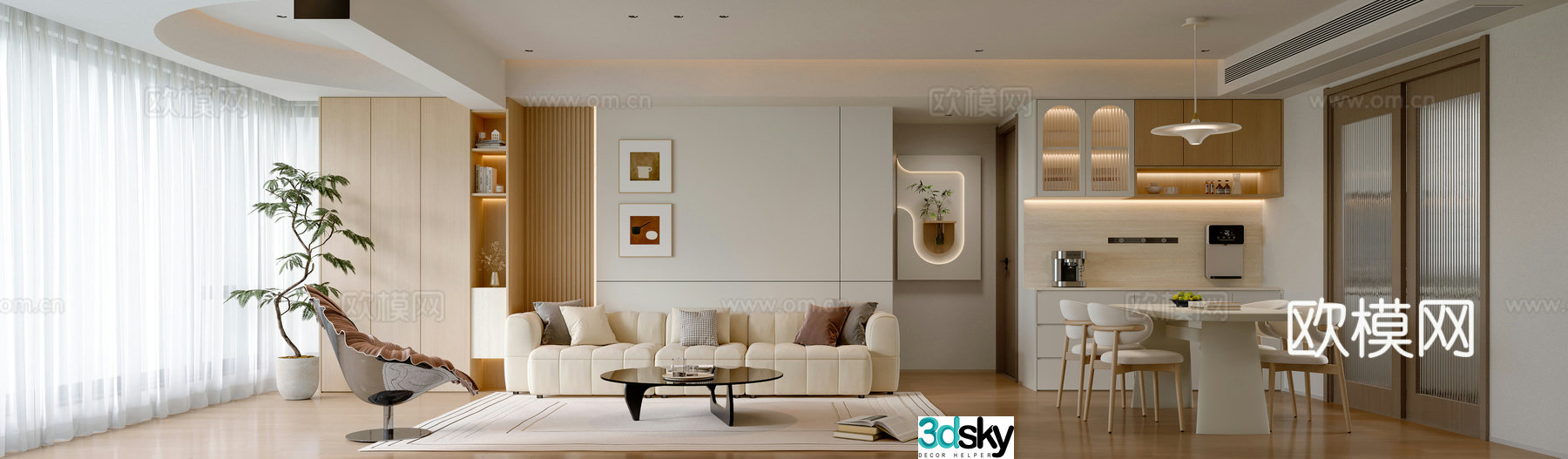 Modern log style dining room 3d model