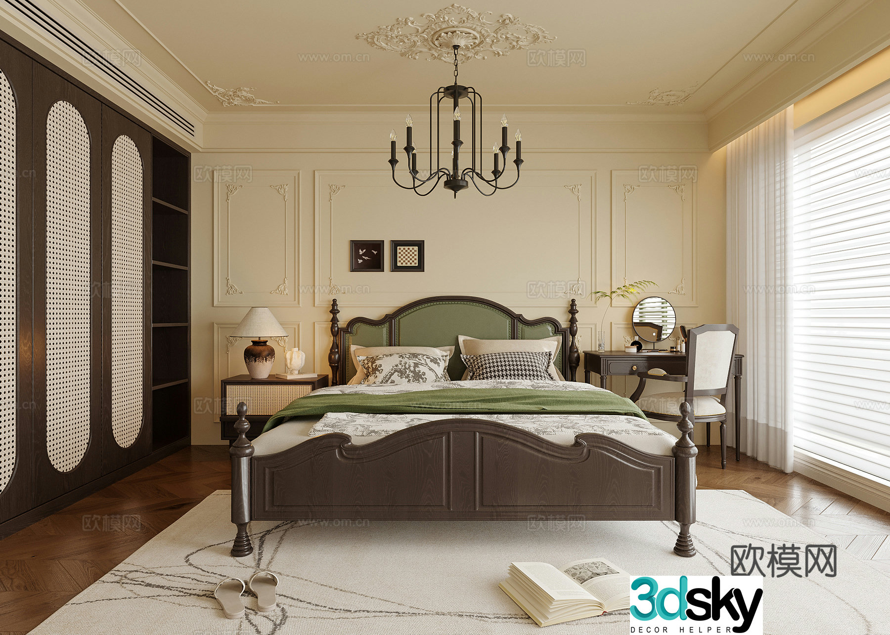 American style bedroom double bed nightstand bedroom chandeliers 3d model