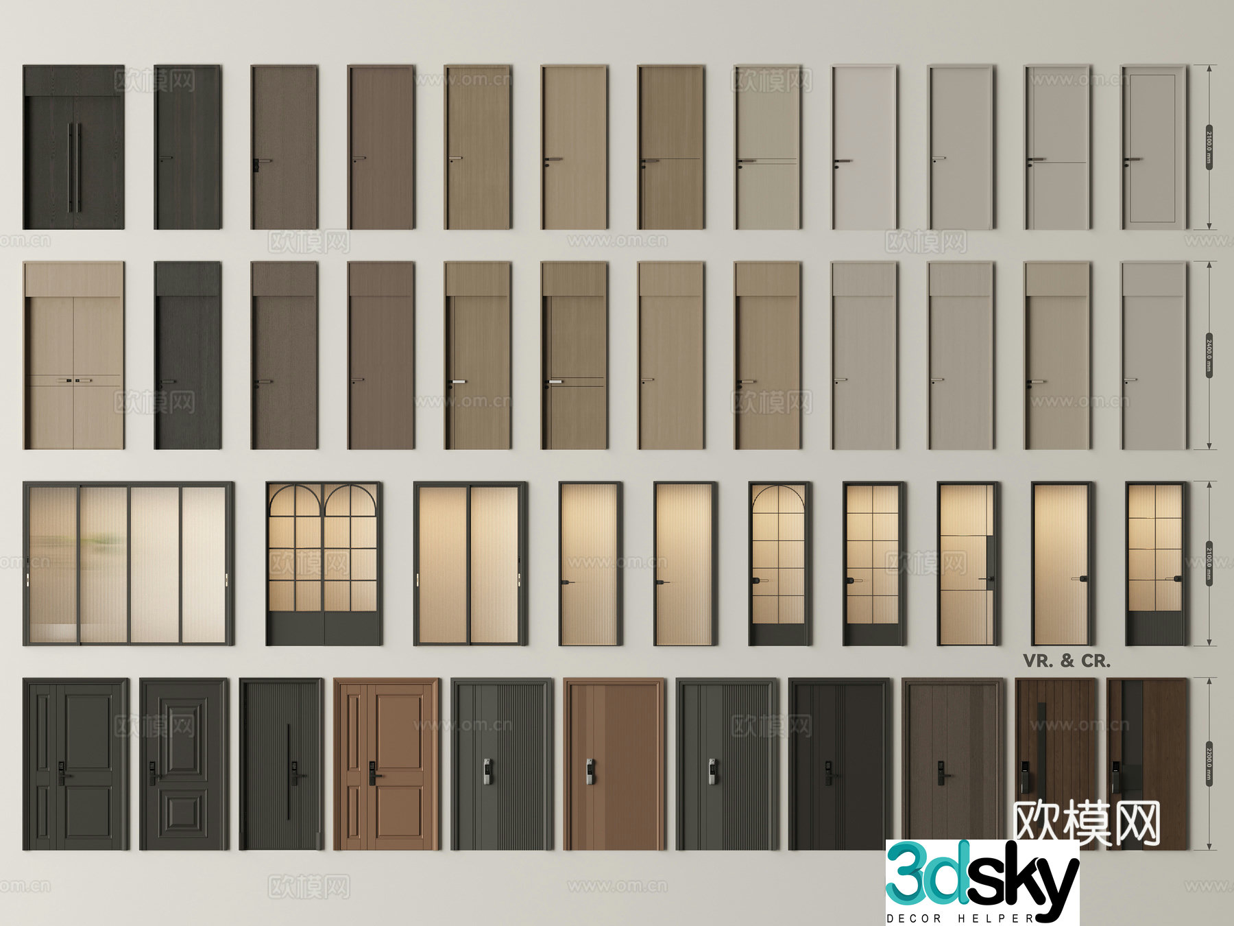 Modern door combination single-open door bedroom door security door entrance door French glass door 3D model