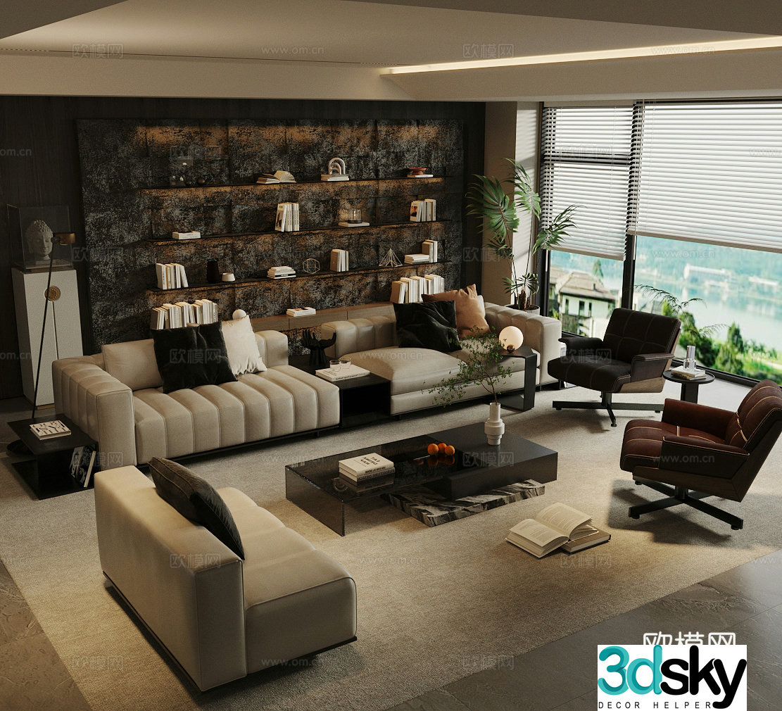 Modern Italian home living room high-end gray living room light luxury Italian living room black and white living room sofa chair 3D model