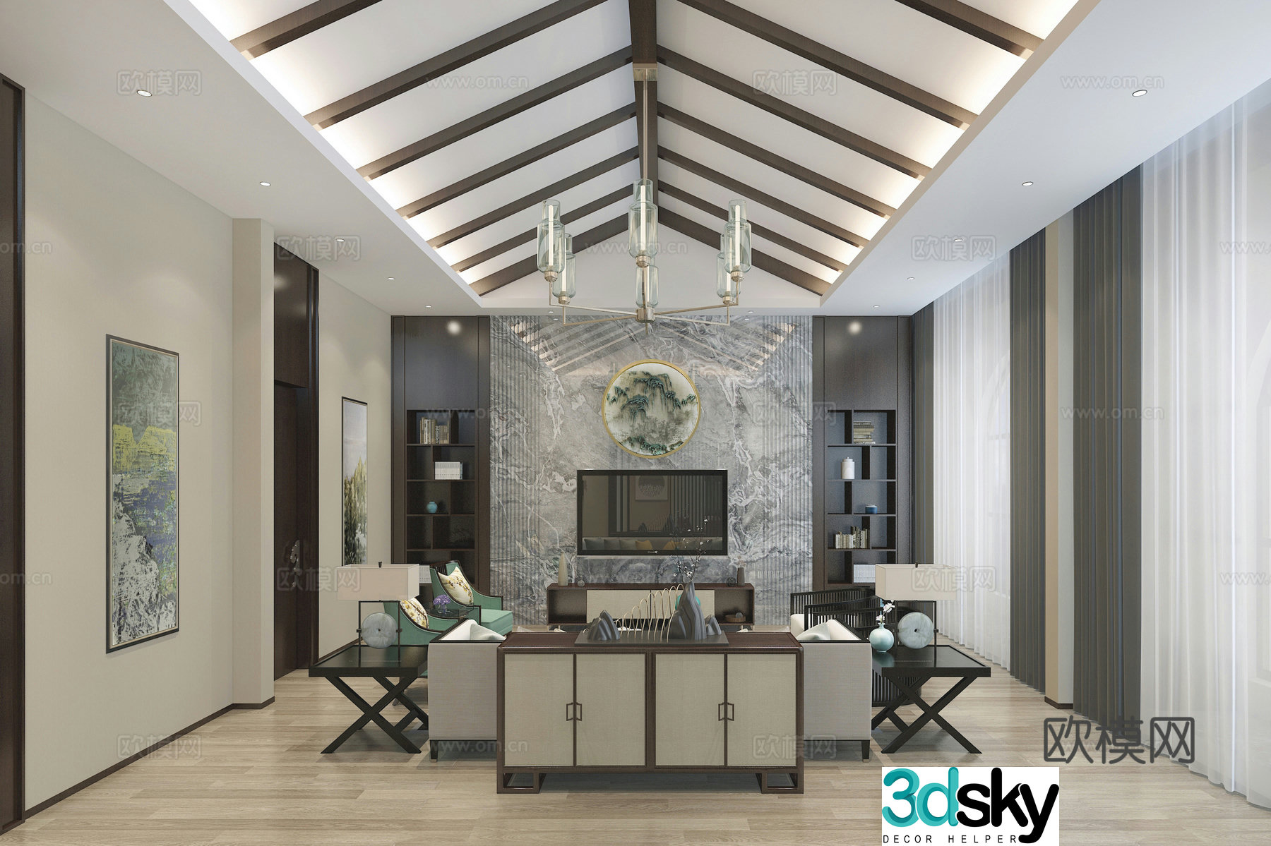 New Chinese style living room dining room tea room foyer background wall sofa combination dining table and chairs 3D model
