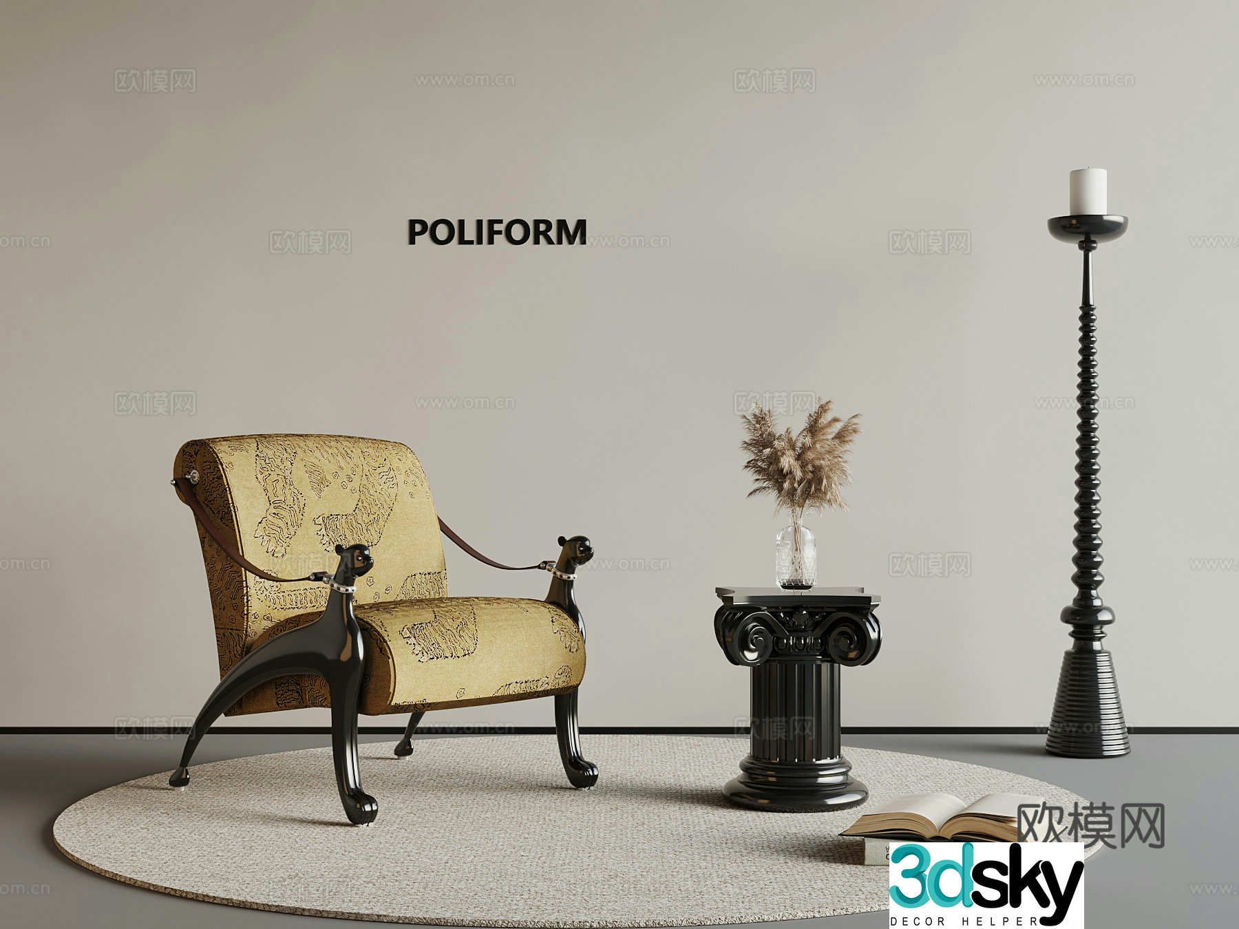 European style leisure chair side and corners vase ornament combination 3D model
