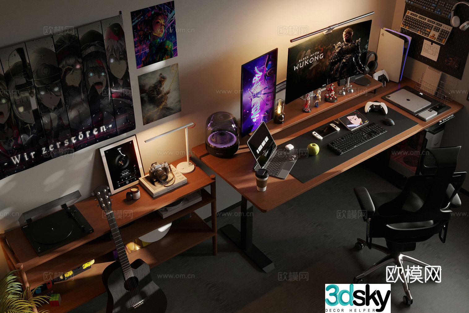 Modern e-sports room e-sports room computer room desktop computer desktop screen e-sports chair leisure chair 3d model