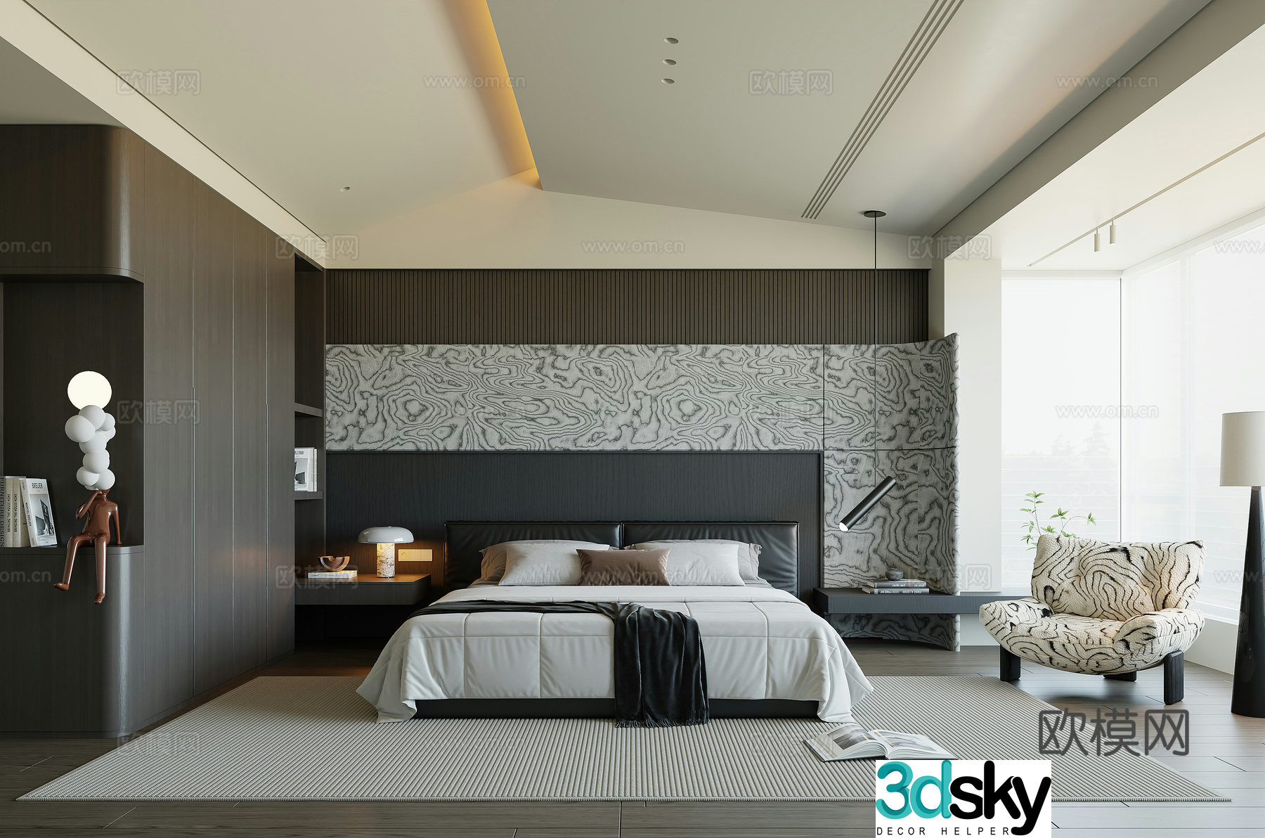 Modern bedroom Minimalist bedroom Italian bedroom Double bed Wardrobe Leisure chair 3d model