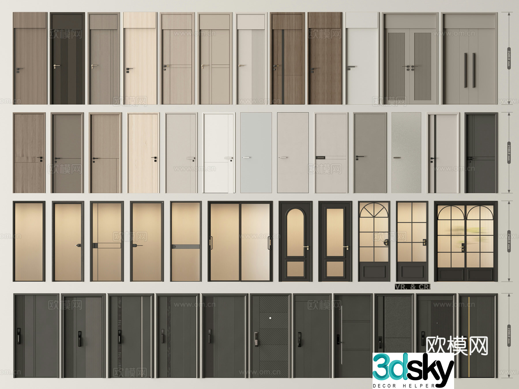 Modern door combination single-open door bedroom door security door entrance door mother and child door French glass 3D model
