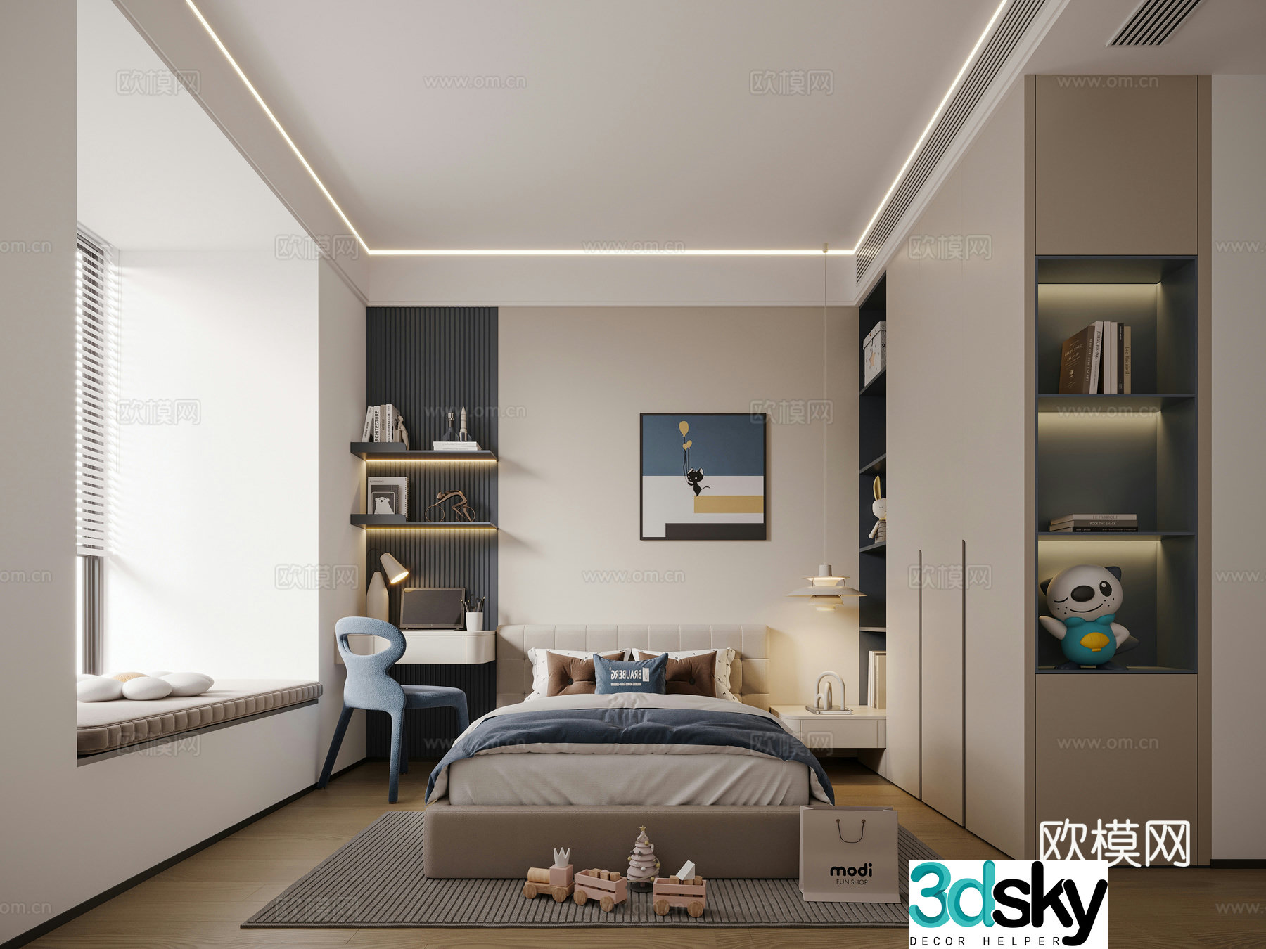Modern boy room fabric bed tile desk wardrobe decoration painting bay window booth toy decoration decoration painting 3d model