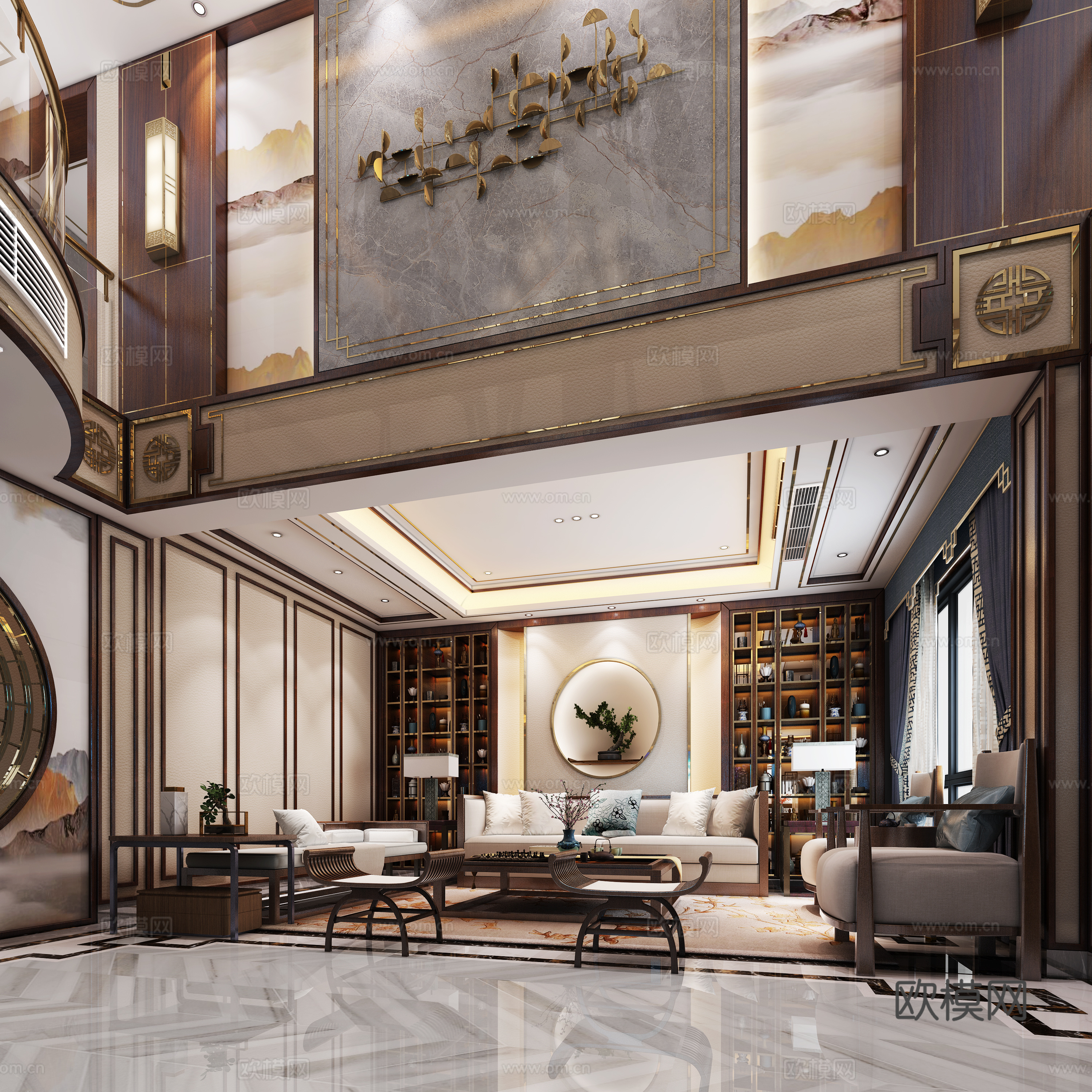 New Chinese style villa living room spiral staircase 3D model of styling pass