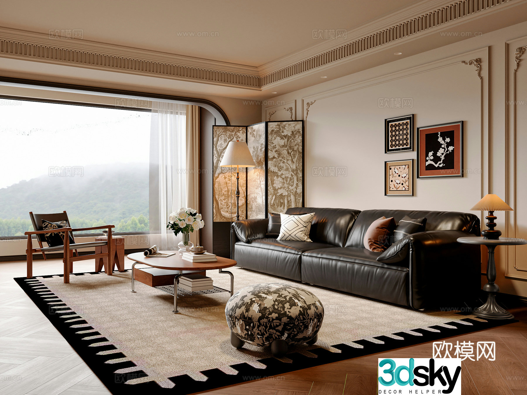 French medieval style living room French sofa coffee table combination floor lamp leisure chair hanging painting 3D model
