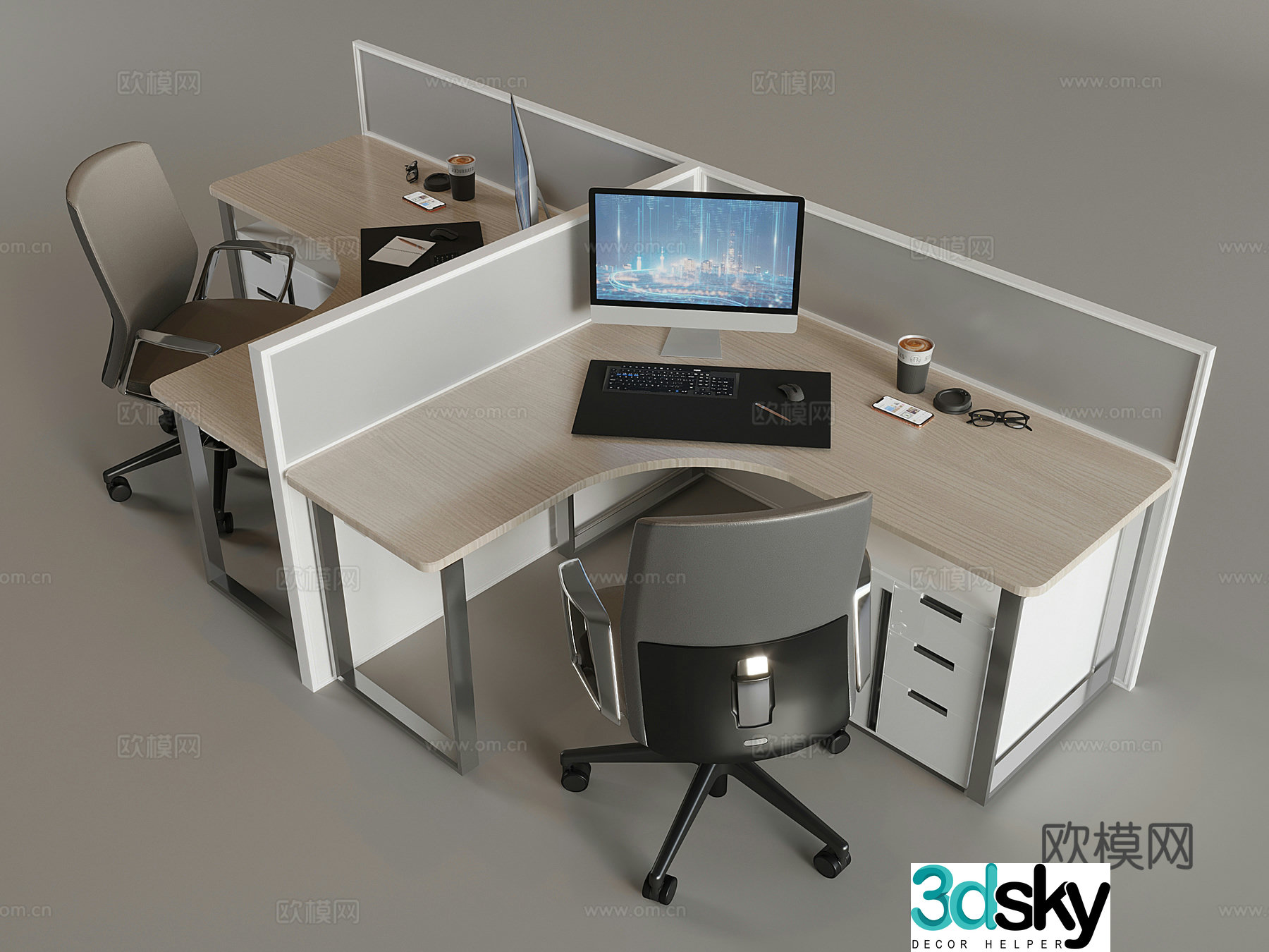 Staff office desk and chair combination office screen locker workstation computer desk rotating chair 3D model