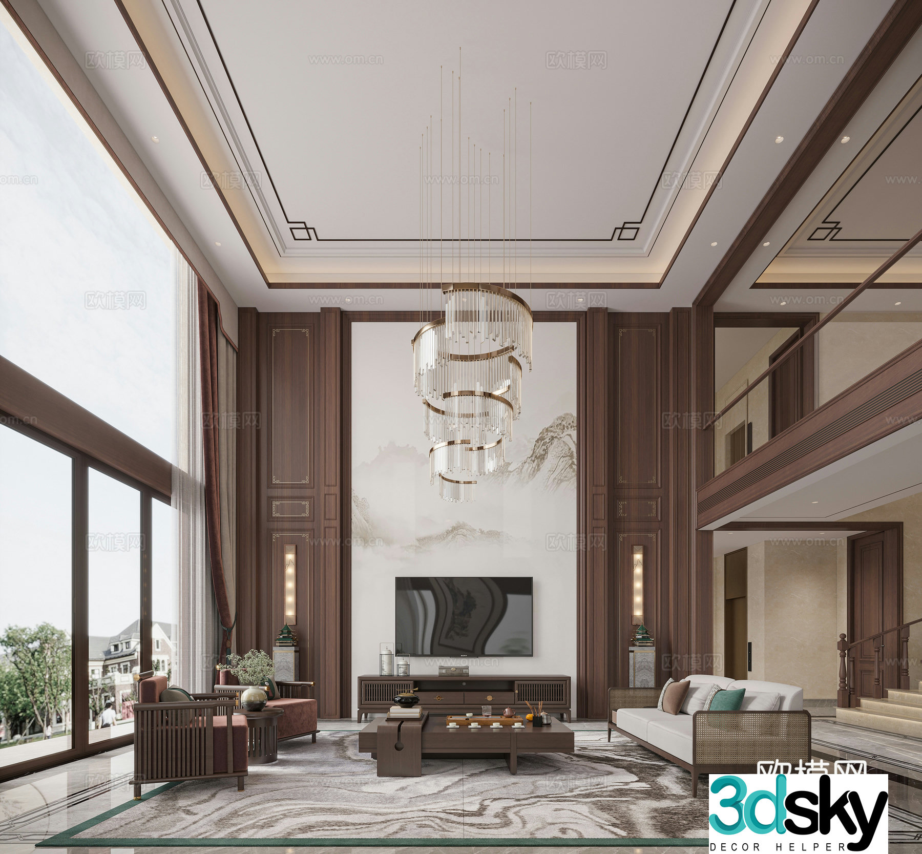 New Chinese style villa picks Airbus restaurant sofa combination crystal chandeliers floor parquet Chinese wall lamp ink painting 3D model