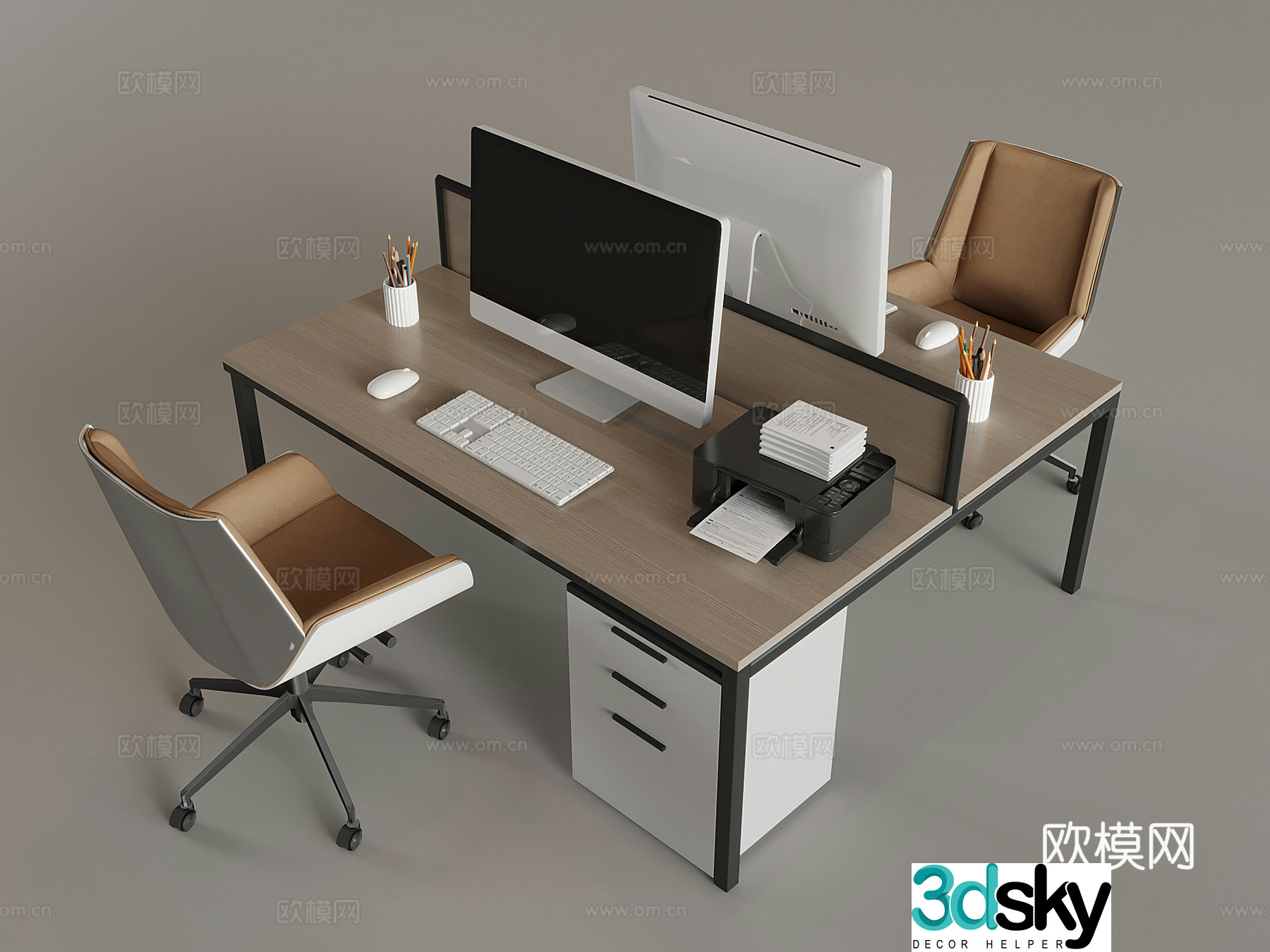 Staff office desk and chair combination desktop computer mouse and keyboard lift rotary chair printer 3D model